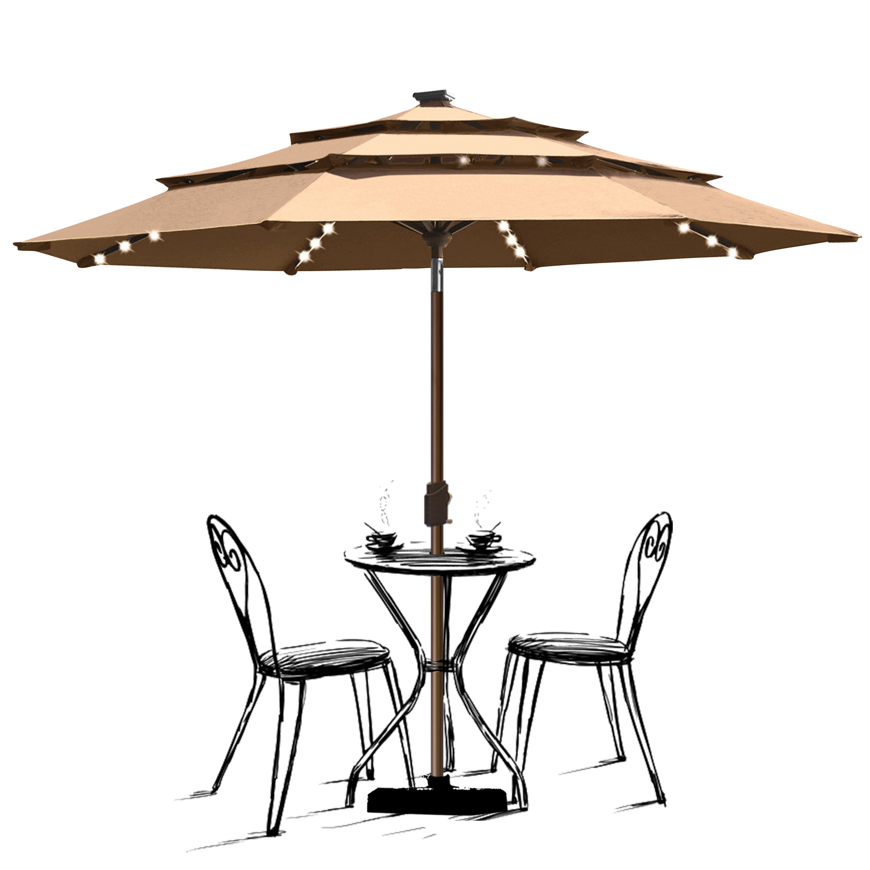 EliteShade Sunbrella Solar 9ft 3 Tiers Market Umbrella with 80 LED Lights Patio Umbrellas Outdoor Table with Ventilation and 5 Years Non-Fading Top,Tan
