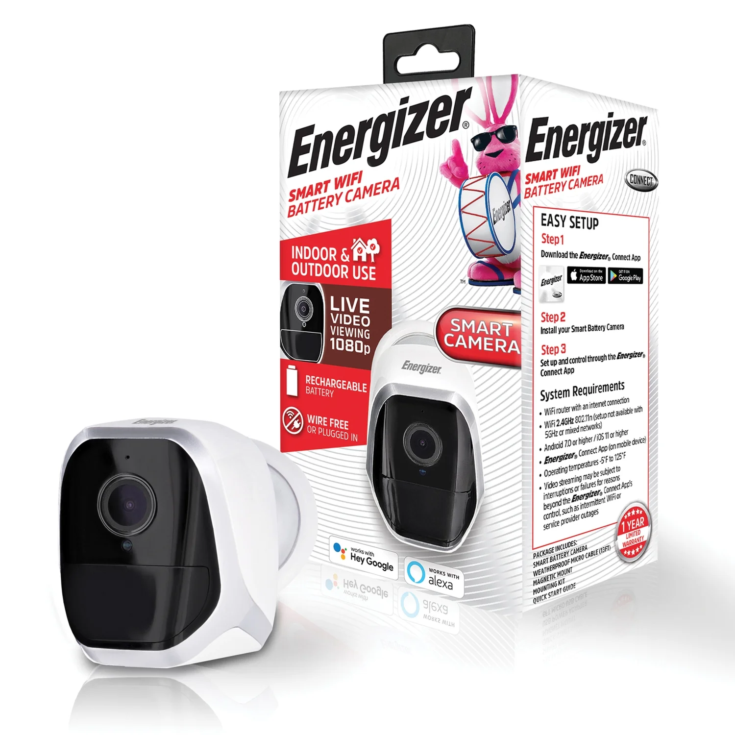 Energizer Connect EOB1-1001-WHT Smart 1080p Indoor/Outdoor Battery Camera