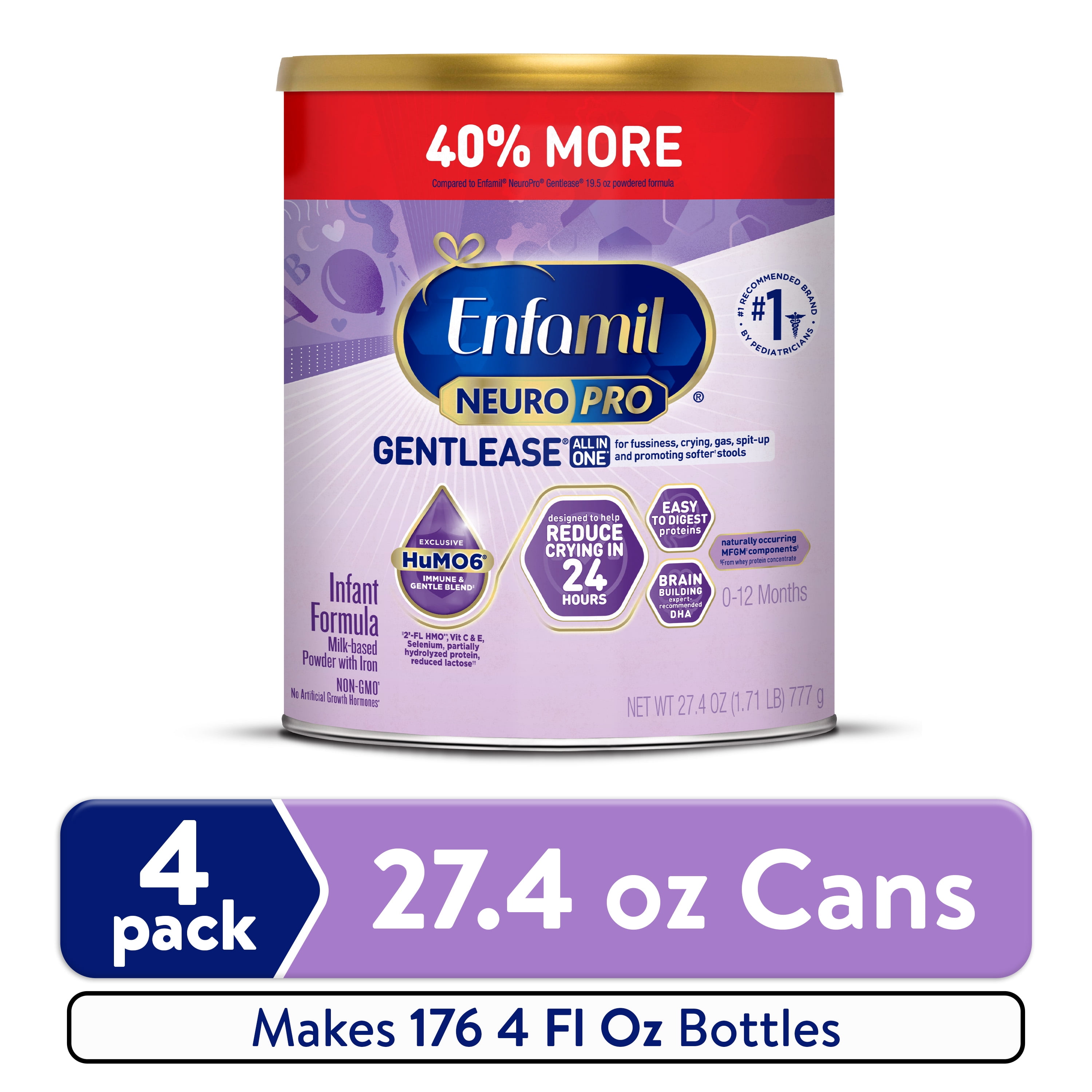 Enfamil NeuroPro Gentlease Baby Formula for Easing Fussiness, Gas, Spit-up in 24 Hrs, 27.4 Oz, 4 Count