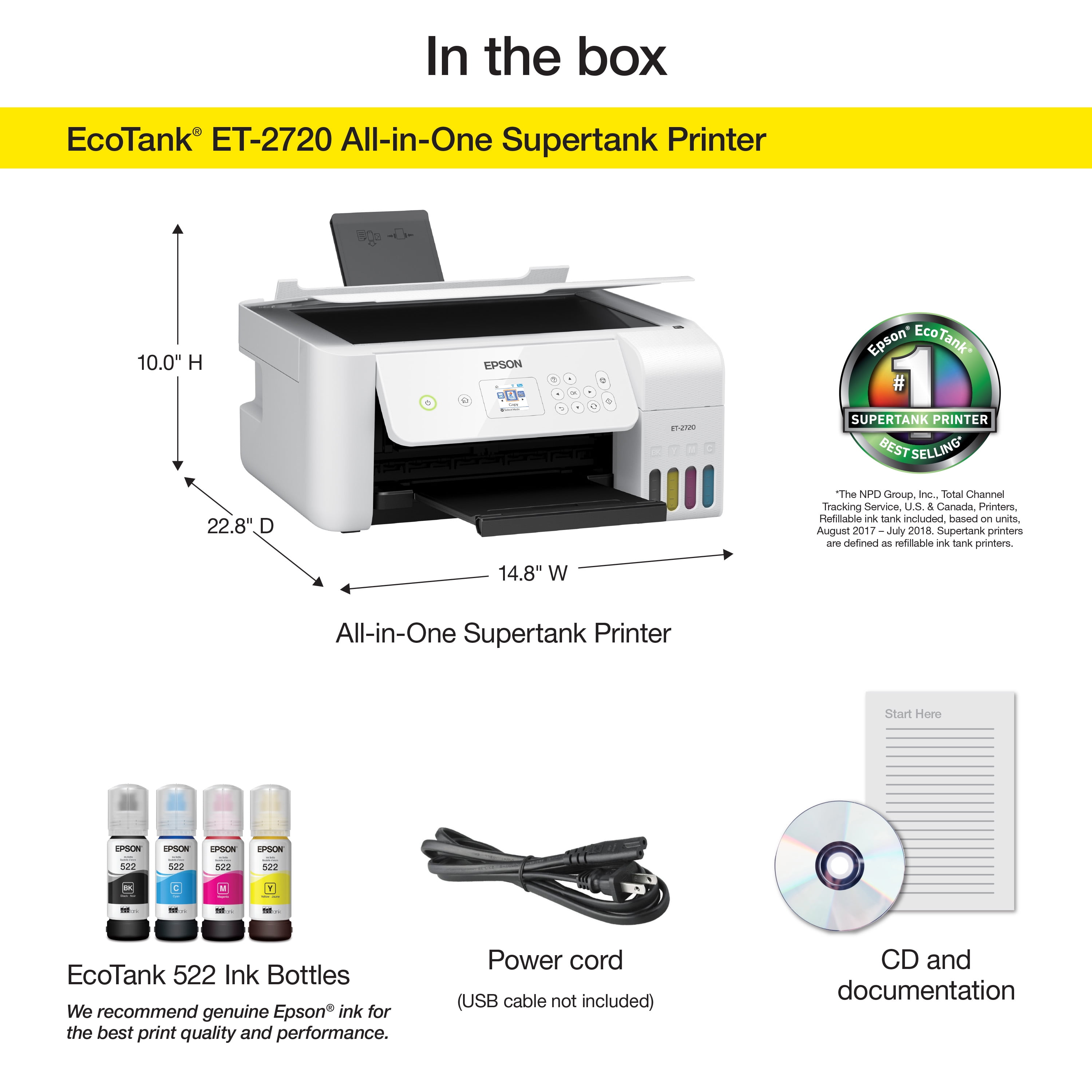 Epson EcoTank ET-2720 Wireless All-in-One Color Supertank Printer - White