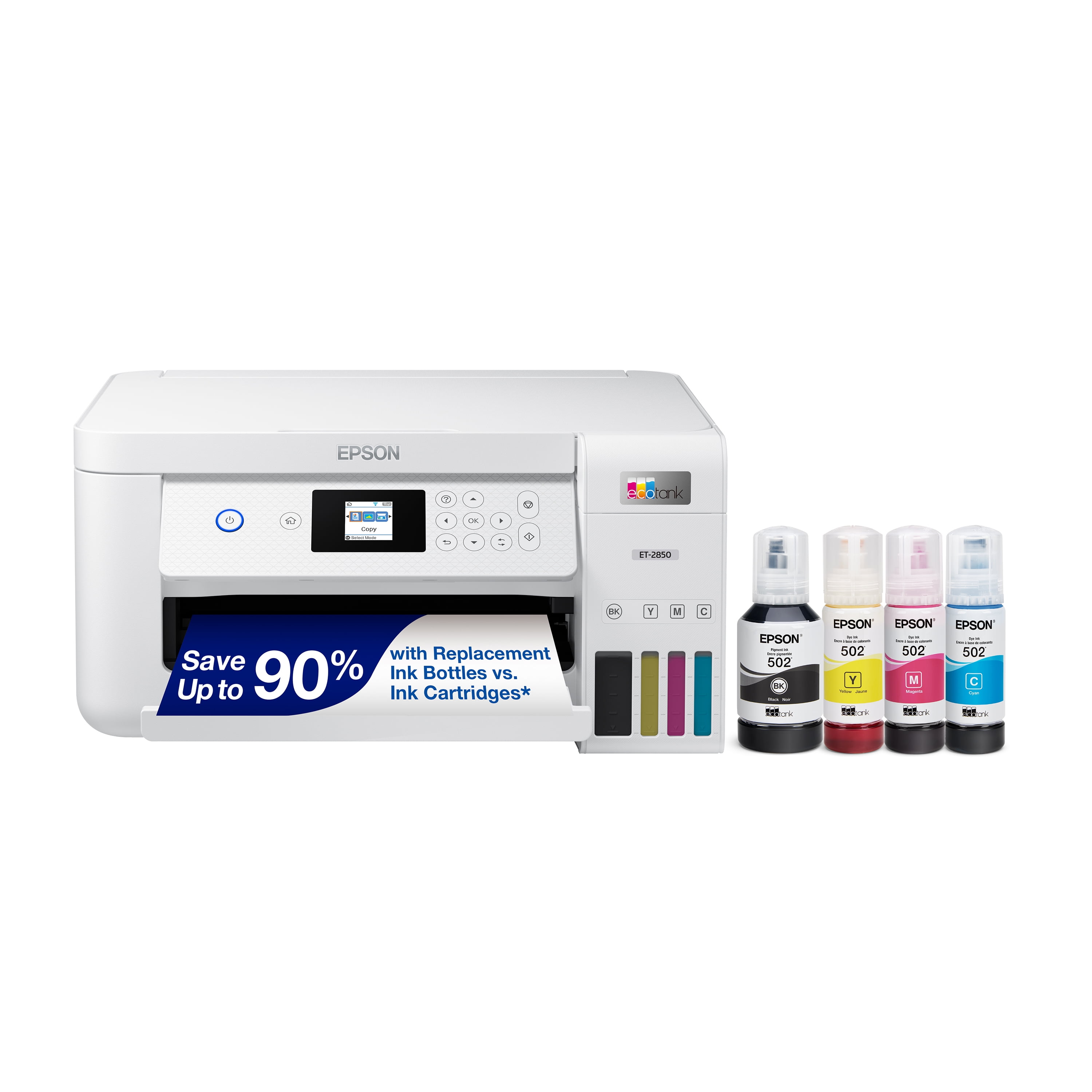 Epson EcoTank ET-2850 Wireless Color All-in-One Cartridge-Free Supertank Printer with Scan, Copy and Auto 2-Sided Printing - White