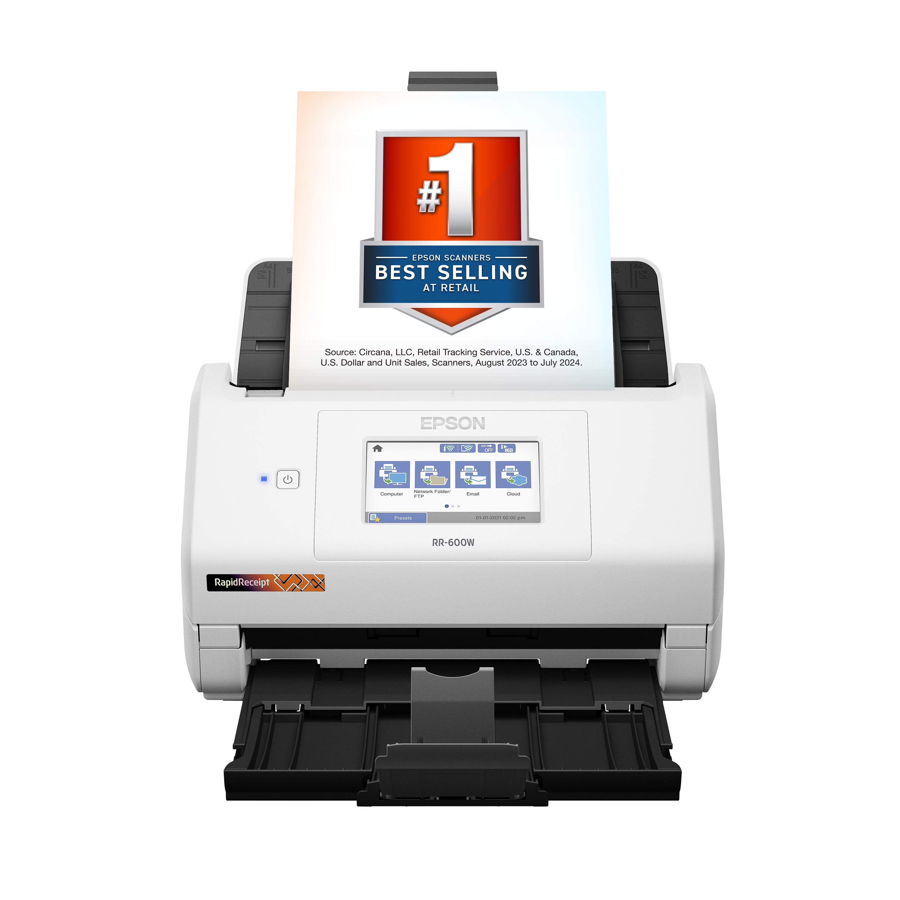Epson RapidReceipt RR-600W - Document scanner - Contact Image Sensor (CIS) - Duplex - Legal - 600 dpi x 600 dpi - up to 35 ppm (mono) / up to 35 ppm (color) - ADF (100 sheets) - up to 4000 scans per day - USB 3.0, Wi-Fi