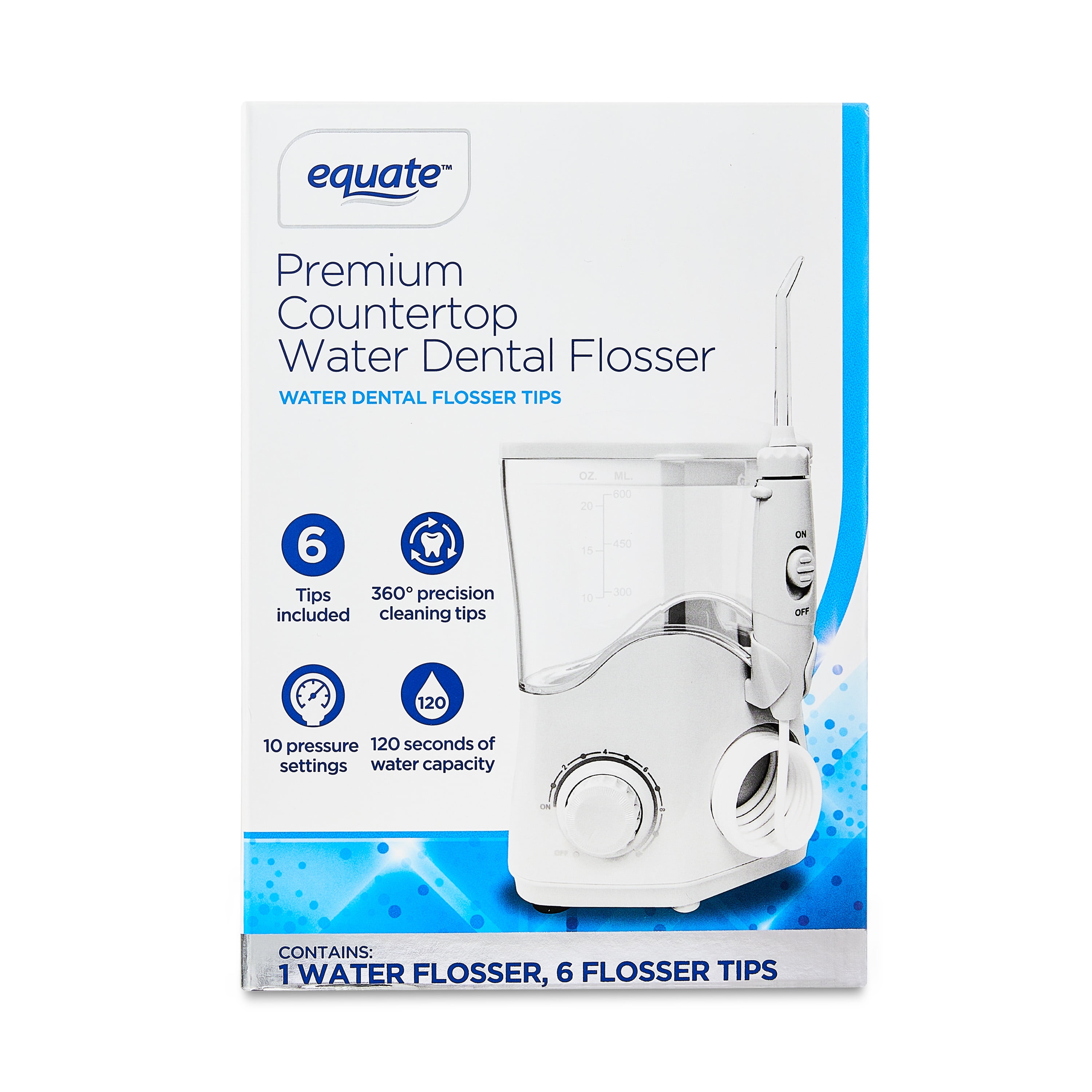 Equate Premium Countertop Water Flosser with Flosser Tips and 120 Seconds of Water Capacity (1 Water Flosser, 6 Flosser Tips)