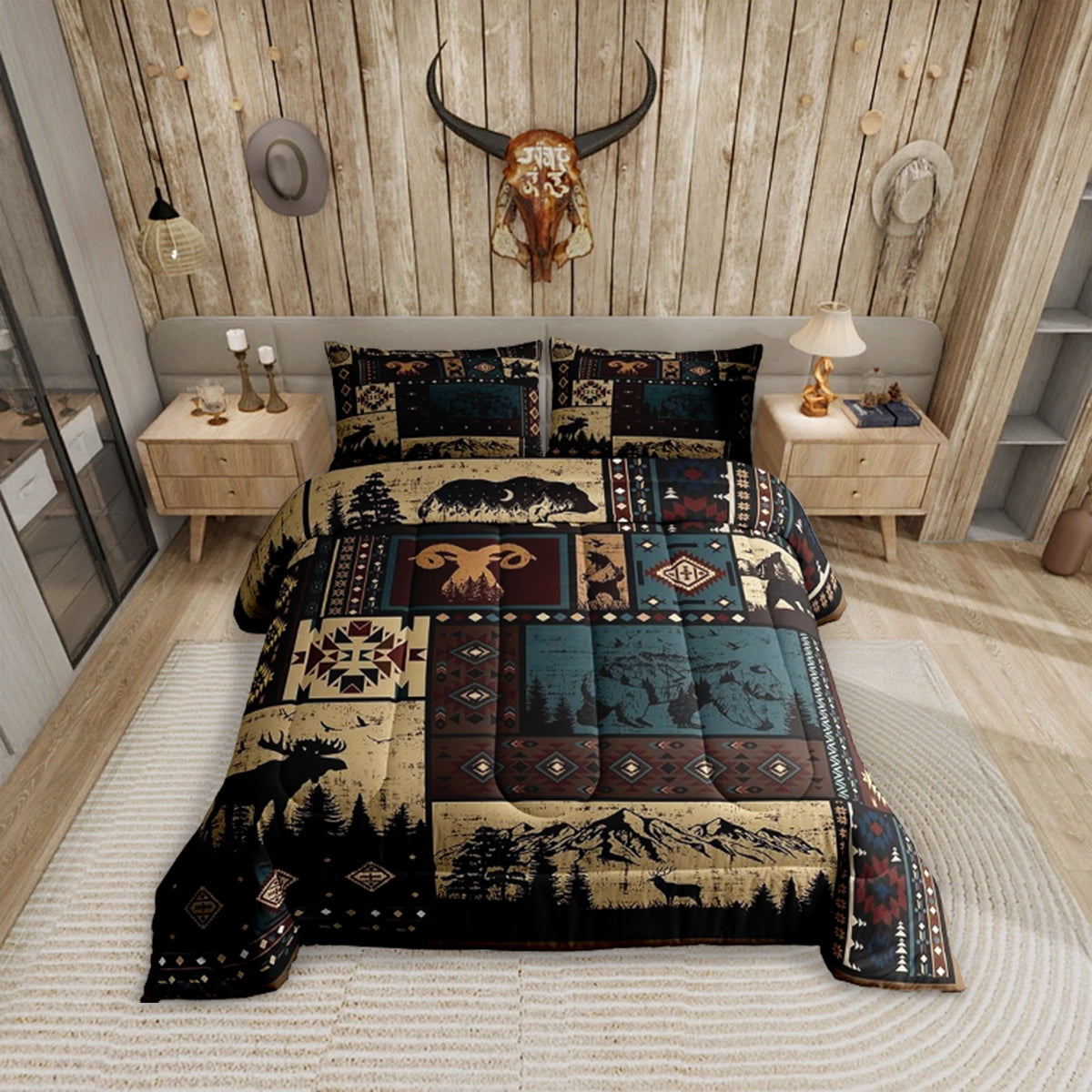 Erosebridal Aztec Comforter Sets Twin Rustic Southwestern American Native Bedding Set,Bear Deer Moose Quilt Retro Indian Style Hunting Animal Duvet Insert with 1 Pillowcase Microfiber