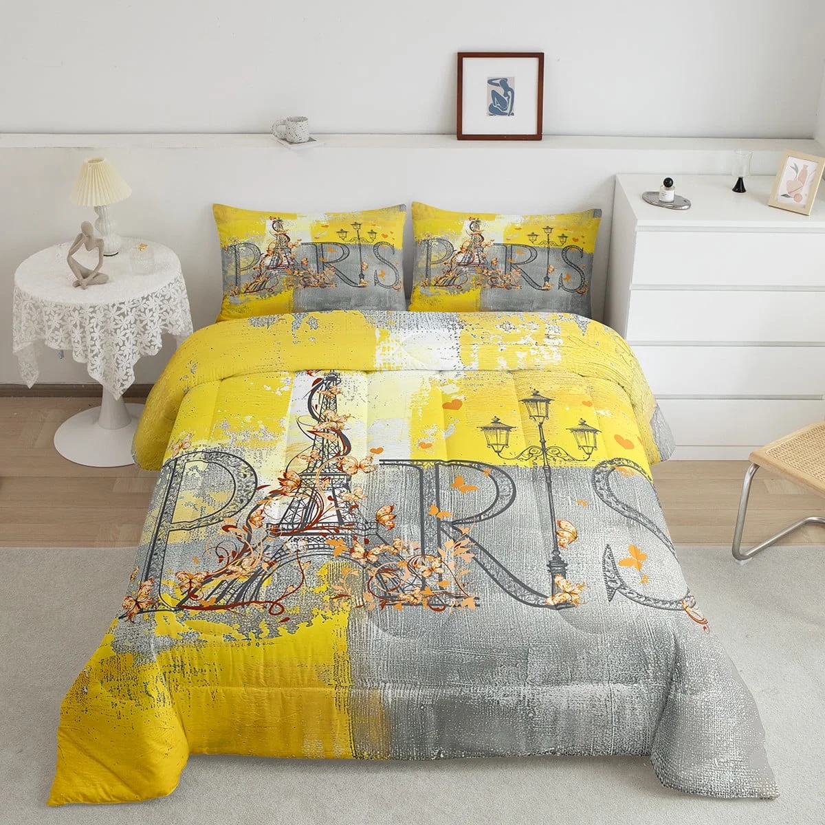 Erosebridal Eiffel Tower Comforter Twin Grey Yellow Bedding Set, Grunge Ombre Down Comforter Modern Watercolor Bed Set, Abstract Tie Dye Quilted Duvet Geometric Patchwork Decor