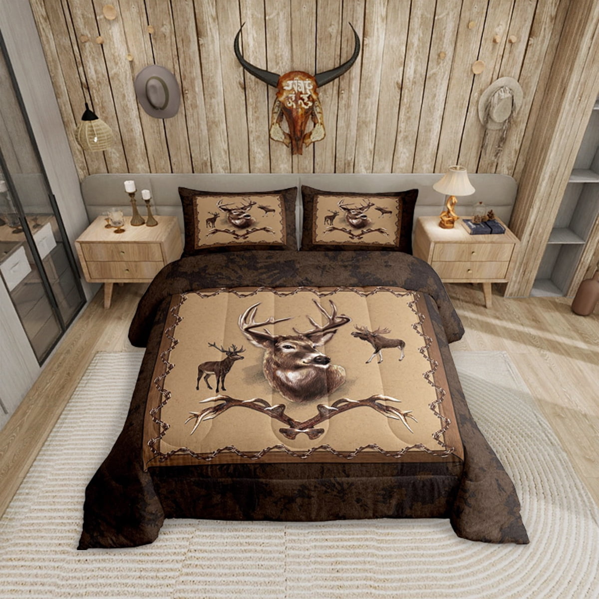 Erosebridal Farmhouse Deer Comforter Sets Southwestern Bedding Set King Size Rustic Hunting Animal Quilt Moose Deer Down Comforter with 2 Pillow Sham Bedroom Decor