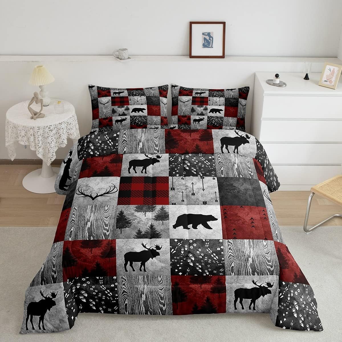 Erosebridal Lodge Deer Comforter Twin,Burgundy Buffalo Plaid Check Bedding Set ,Bear Elk Antler Wild Hunting Animal Duvet Insert,Merry Christmas Down Comforter with 1 Pillowcase