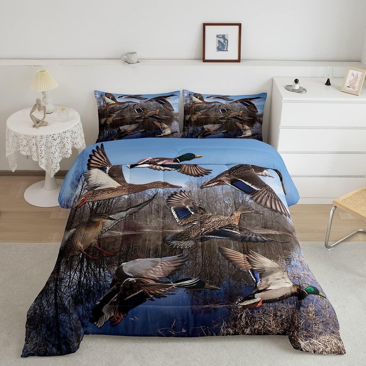 Erosebridal Mallard Duck Duvet Insert Duck Hunting Themed Comforter Set Teens Adults Mallard Duck Bird Printed Bedding Set Rustic Natural Lake Scenery Quilt with 1 Pillowcase,Twin