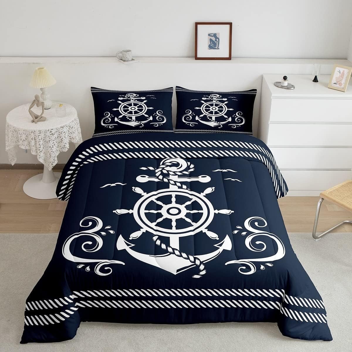 Erosebridal Nautical Anchor Bedding Set , Compass Adventure Comforter Set Coastal Compass Duvet Sets Ocean Sailboat Bedding Comforters Teens Adult Bedroom, Navy Blue(Queen Size)