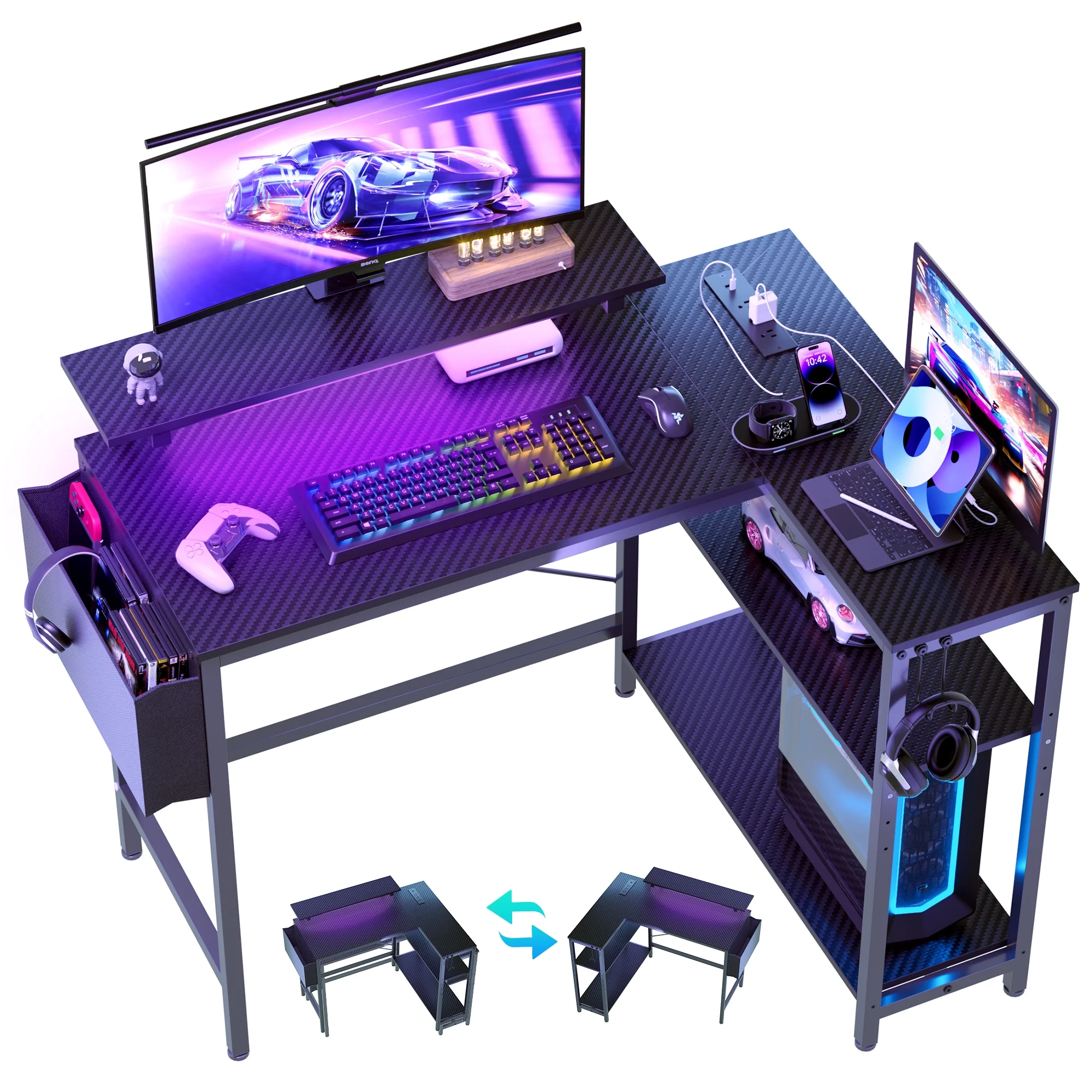 Eunon 42" Gaming Desk with LED Lights Small L Shaped Desk with Power Outlets Monitor Stand Corner Computer Desk,Black Carbon Fiber