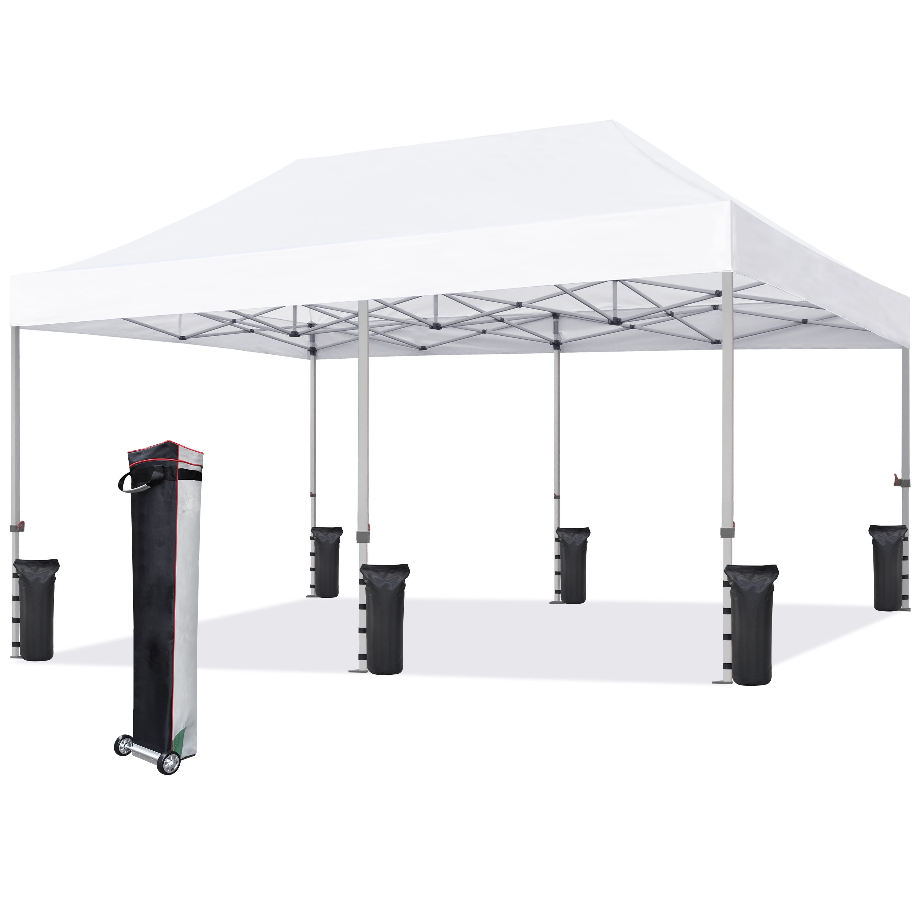 Eurmax USA 10'x20' Ez Pop Up Canopy Tent with Heavy Duty Roller Bag,Bonus 6 Sand Weights Bags (White)