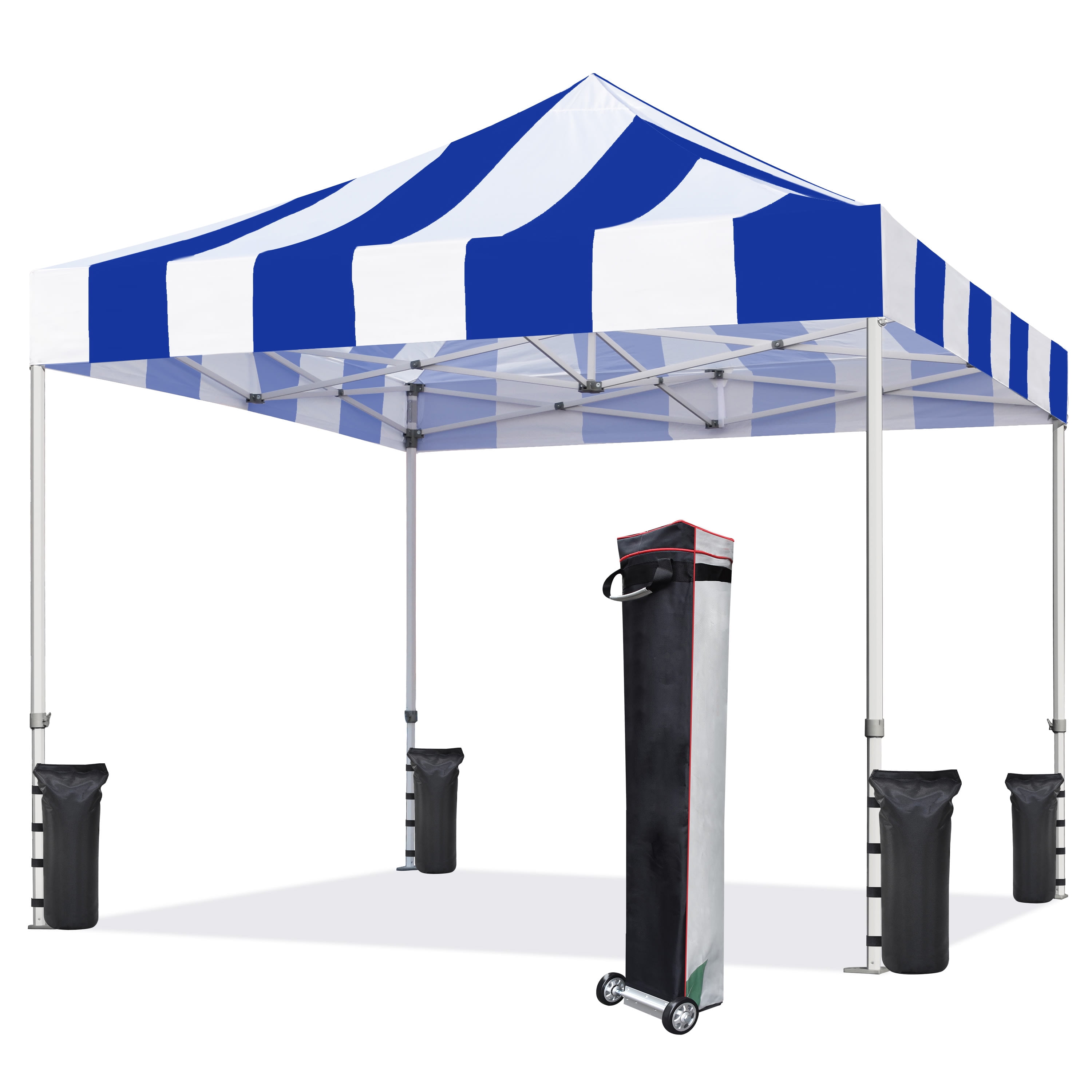 Eurmax 10x10 Ez Pop Up Canopy Tent Commercial Instant Canopies with Heavy Duty Roller Bag,Bonus 4 Weight Sandbags(Stripe Blue)