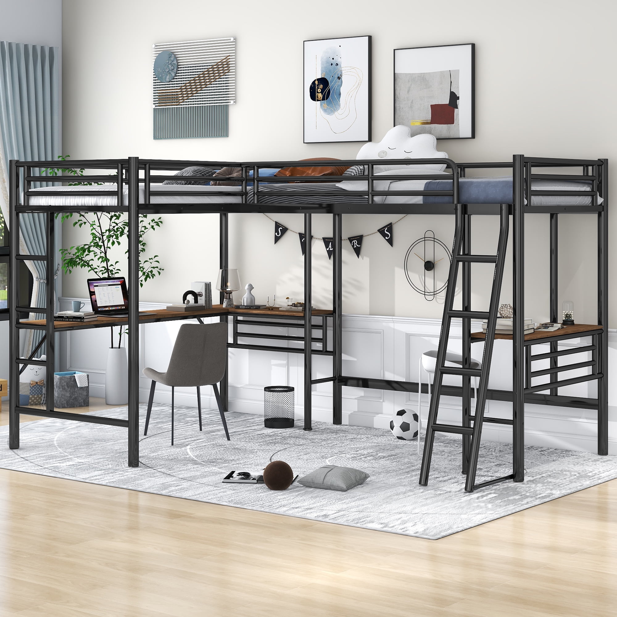 Euroco Metal L-Shaped Twin Size Loft Bed with Two Desk for Kids Teens Bedroom, Black