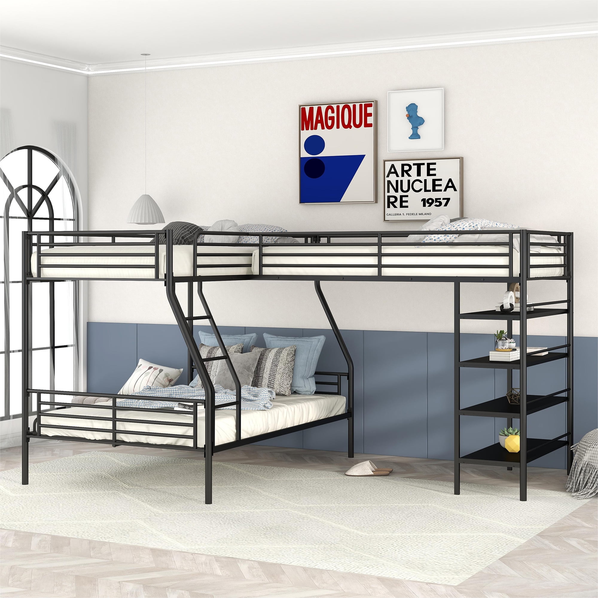 Euroco Metal Twin over Full Bunk and Twin Loft Bed with Four-Tier Shelves for Kids Teens Adults, 3 Beds in 1, Black