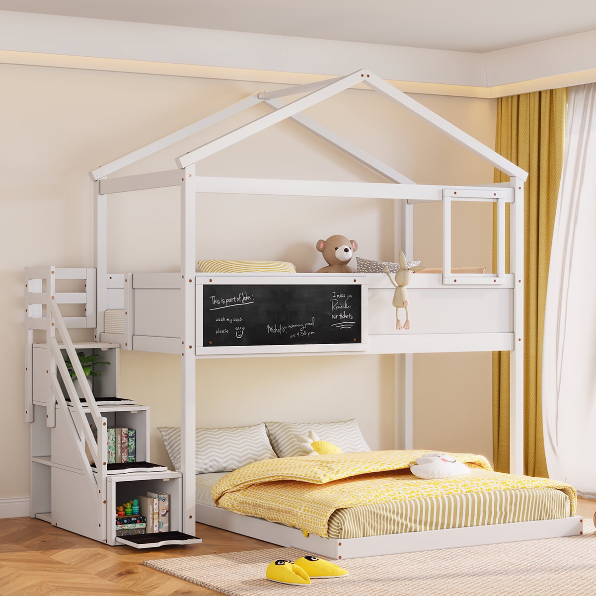 Euroco Twin over Full House Bunk Bed with Storage Staircase and Writting Blackboard for Kids Teens Bedroom, Moverable Lower Bed, White