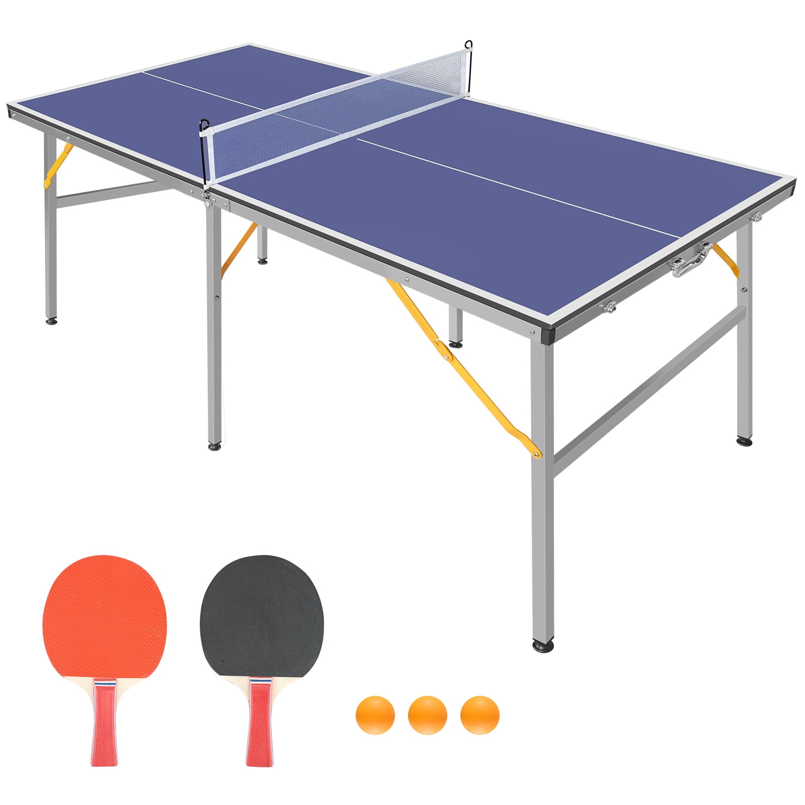 Euroco 6Ft Mid-Size Table Tennis Table Set with 2 Ping Pong Paddles and 3 Balls, Foldable Ping Pong Table with Net, Portable Sports Set Suitable for Indoor/Outdoor Game