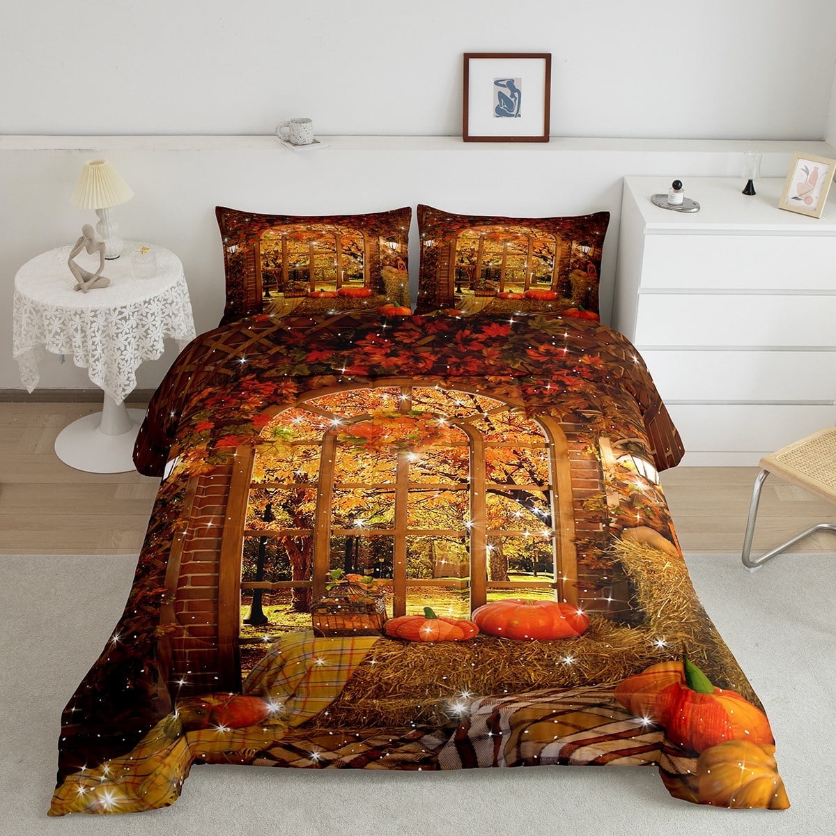 Fall Bedroom Decor Comforter Set Queen Women Autumn Harvest Theme Bedding Happy Fall Y'All Bedding Comforter Sets Rustic Pumpkin Print Duvet Insert Fall Decor Thanksgiving Day Gifts Quilt