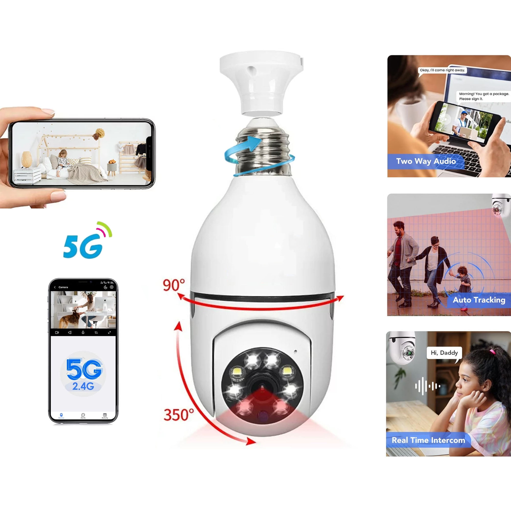 Fancy Juicy Light Bulb Security Camera 2.4GHz&5G WiFi Indoor 360° Home Security Cameras Smart Motion Detection-White