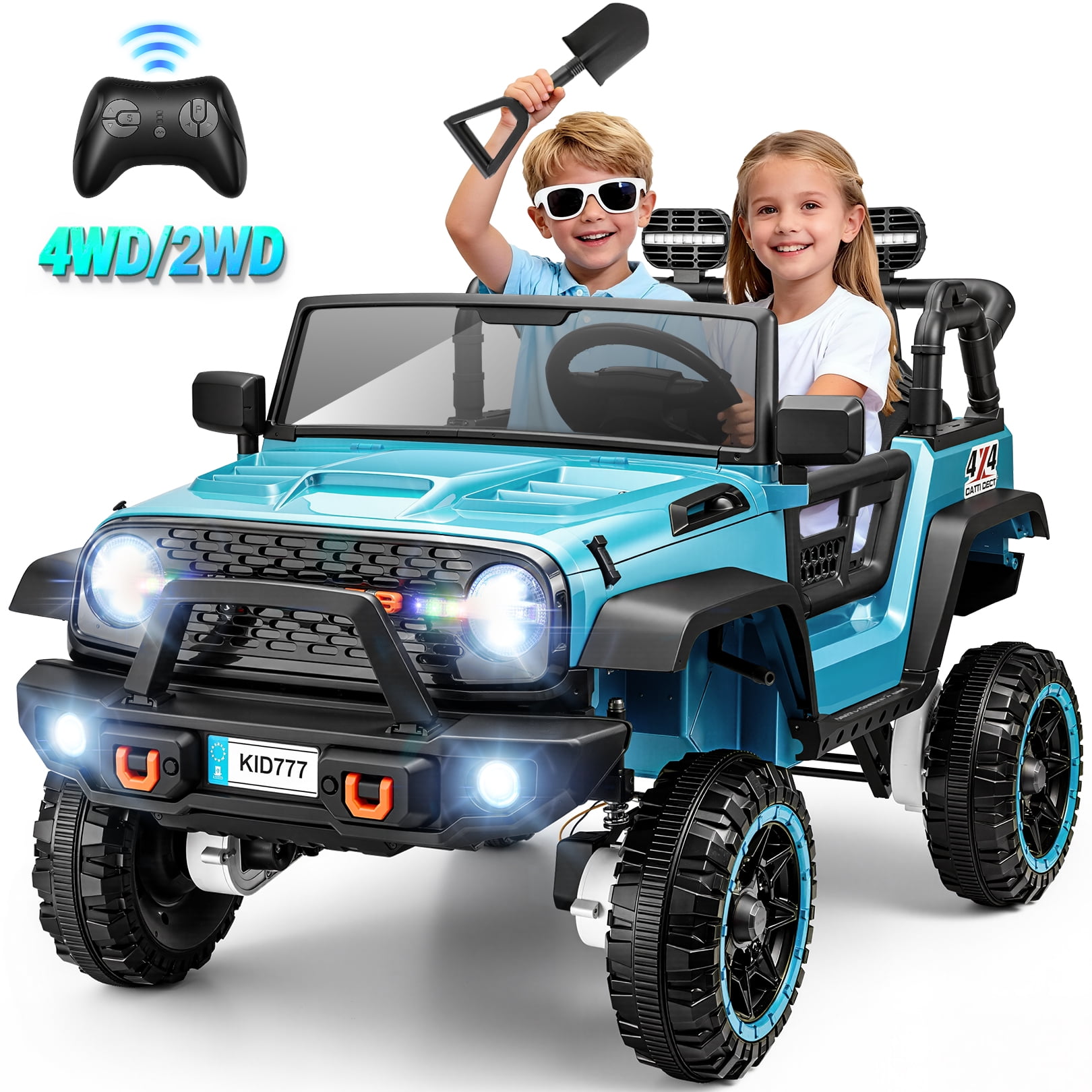 Funcid 24V Ride on Toys with Remote Control, 2 XL Seater Ride on Truck Car, 2WD/4WD Electric Car for Kids w/ Bluetooth, Flashing Colored Lights, SD Port, MP3, Spring Suspension, 6MPH, Teal