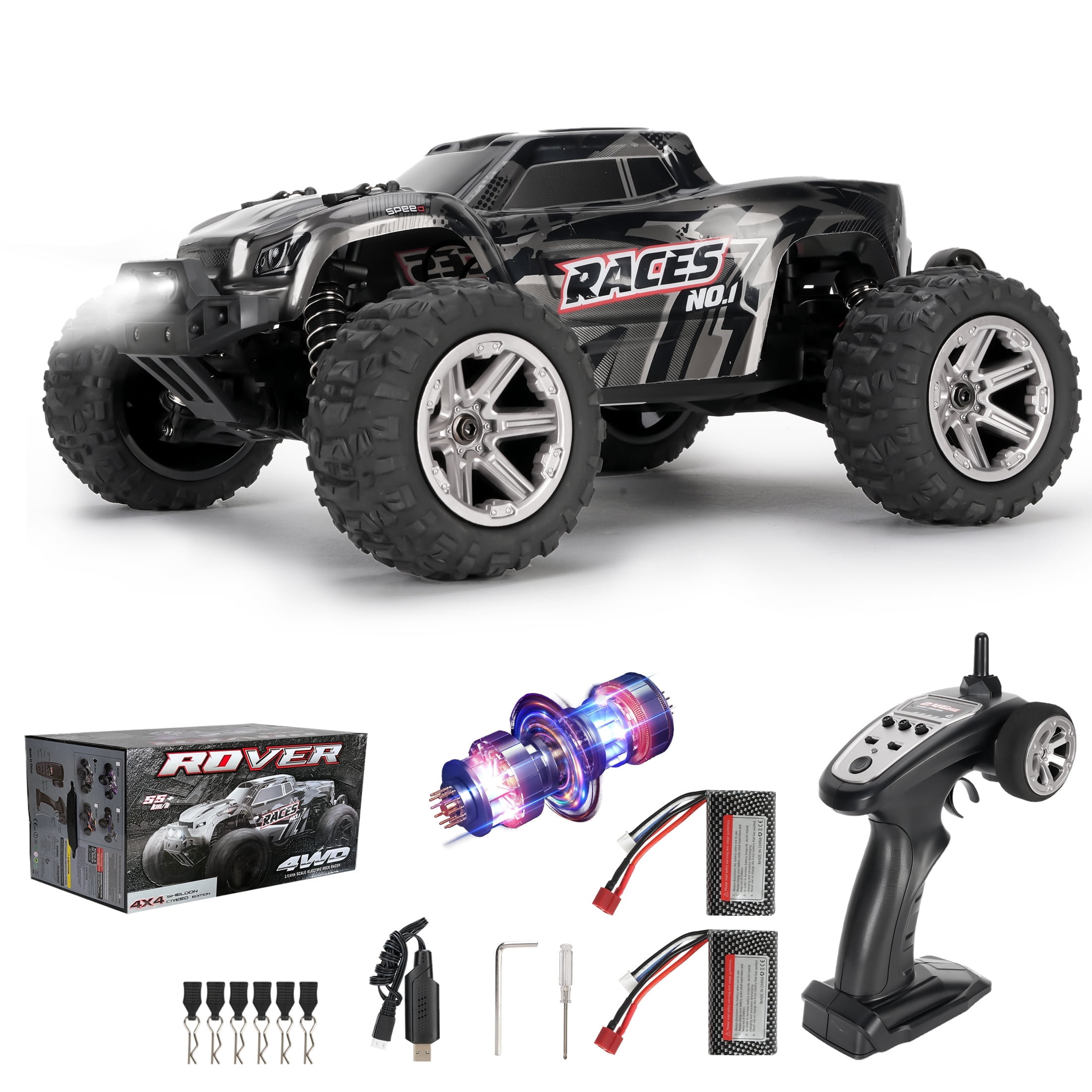 FAGINEY 1:14 RC Cars Truck 4WD Fast 45+ MPH Waterproof All-Terrain Off-Road Remote Control Car for Adults Boys, 2 Batteries