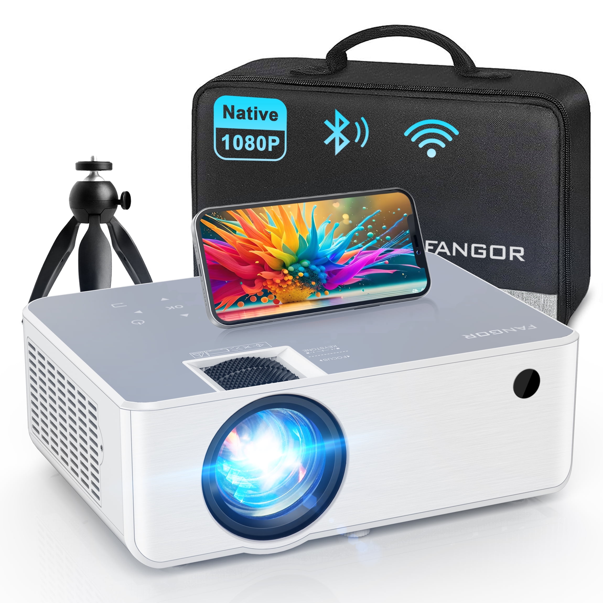 FANGOR WiFi Bluetooth Projector, Portable Movie projector Native 1080P for Home &Outdoor, Full HD Video Projector Compatible with Phone/Laptop/PC/ TV Stick/USB/SD card (Tripod included)