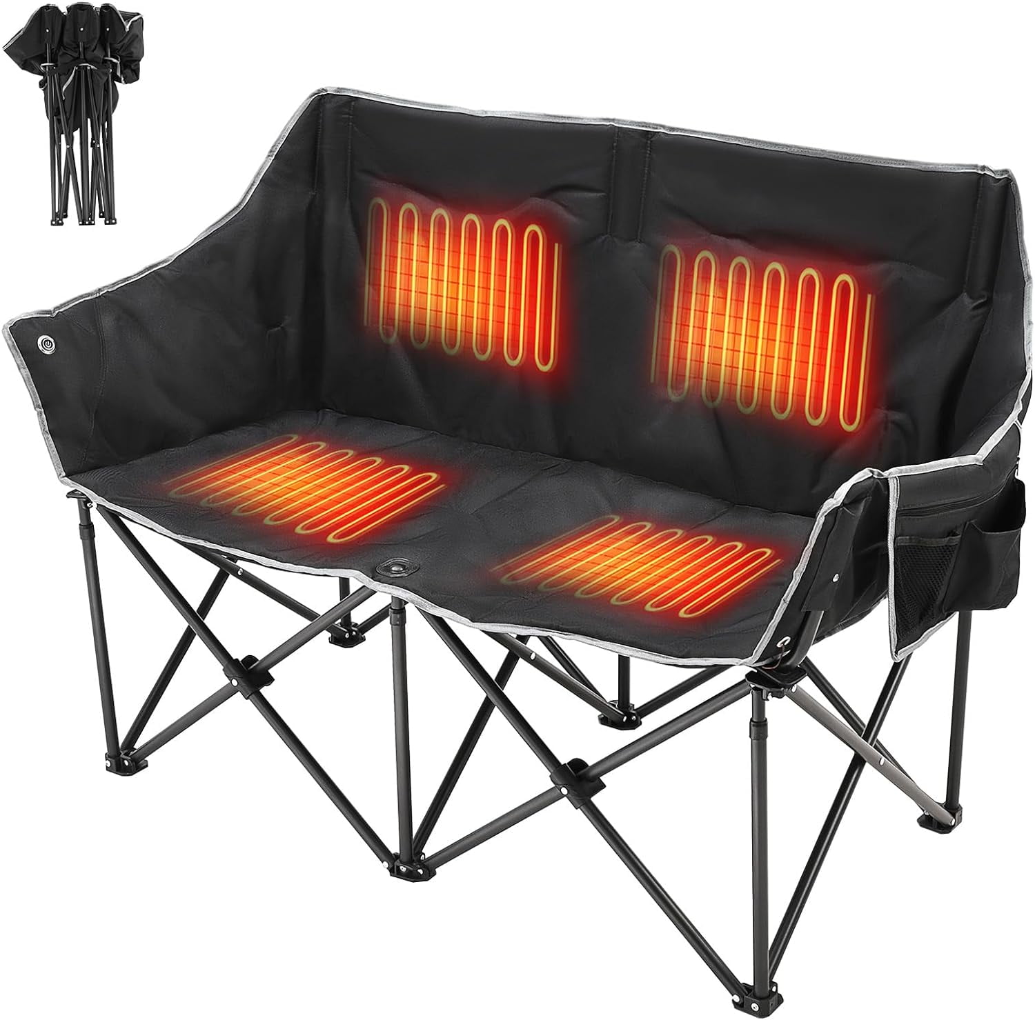 FICISOG Oversized Heated Camping Chair, Two Person Folding Loveseat Double Camping Chair, Heavy Duty Heated Folding Chairs Moon Chair Lawn Chairs for Camping