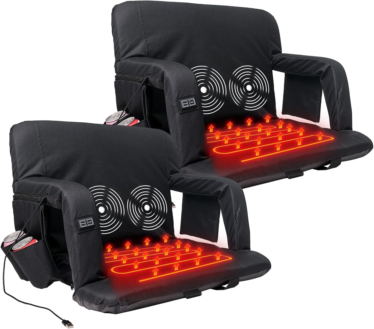 FICISOG 2 Pack Heated Massage Stadium Seats with Back Support Wide 21 inch Stadium Seats for Bleachers Portable Bleacher Chair with 6 Reclining Positions, Armrests for Outdoor Sport Events