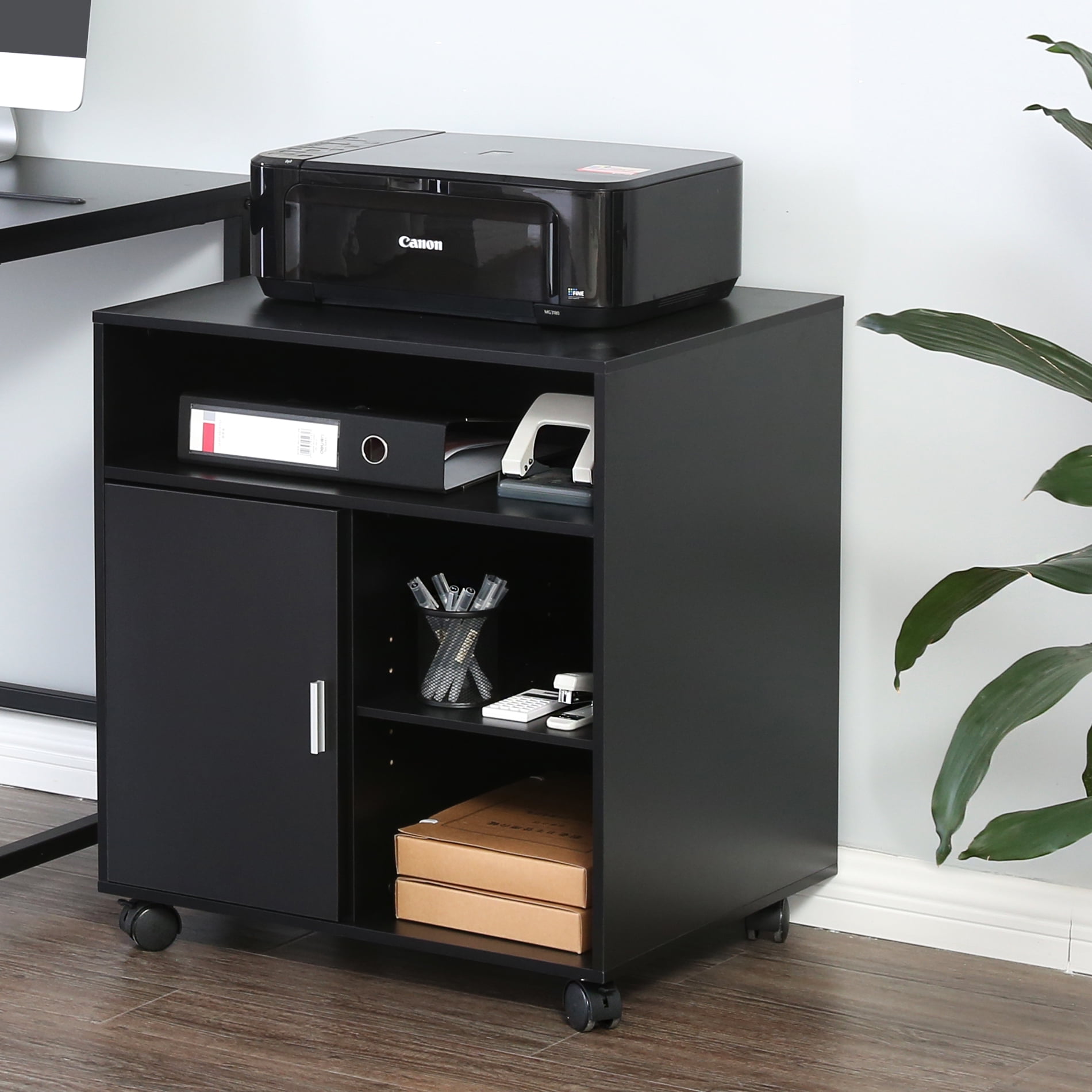 FITUEYES Printer Stand with Storage Adjustable Shelves, Wood Mobile Cart with Door, Rolling File Cabinet