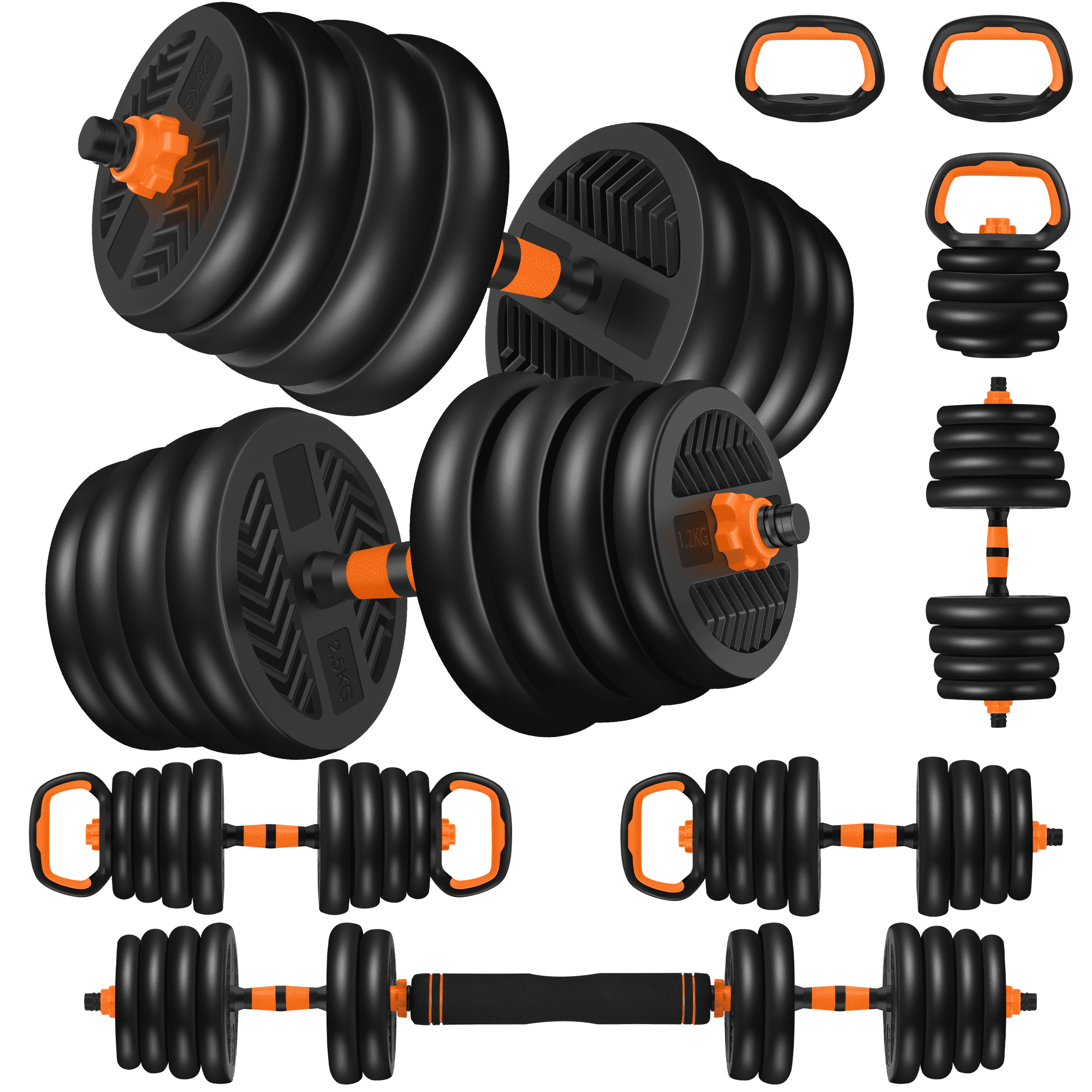 FIXTECH 66LB Adjustable Weight Dumbbell Set, Free Weights with 4 Modes, Used as Barbell, Kettlebell with Star Collars, Orange