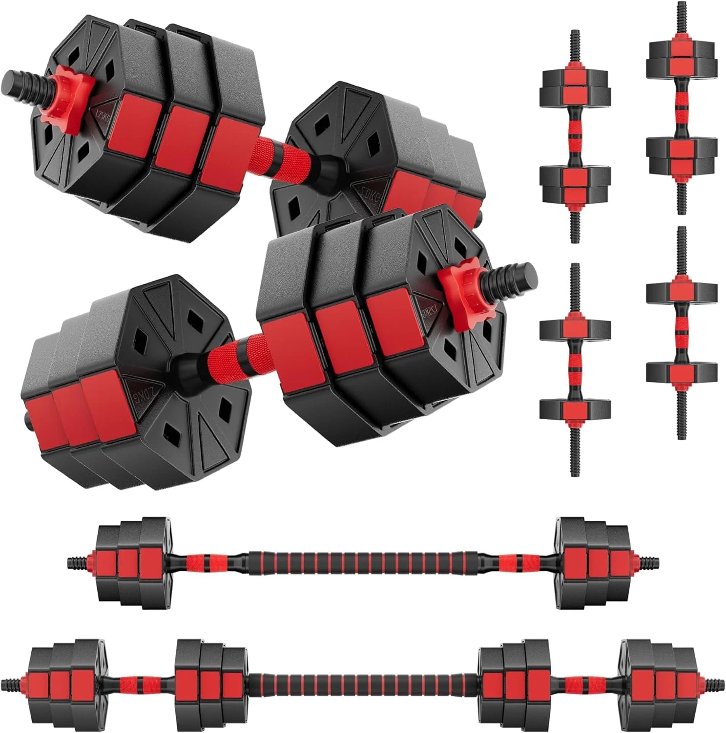 FIXTECH 66LB Adjustable Dumbbells Set, Weight Plate with Connector Used as Barbell, Fitness Strength Exercises for Home Gym, Red