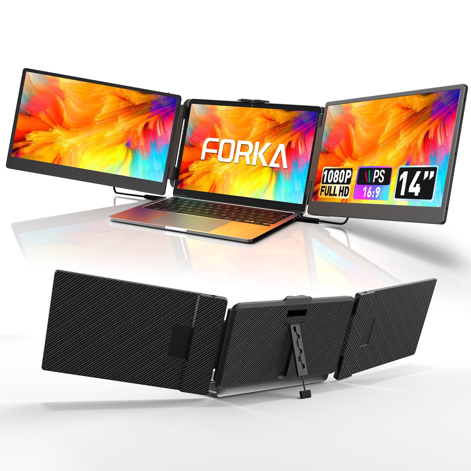 FORKA Laptop Screen Extender Monitor - 14" Portable IPS FHD 1080P, HDMI/USB-A/Type-C, Windows & Mac, Travel/Gaming/Work (Max Length: 15.94")