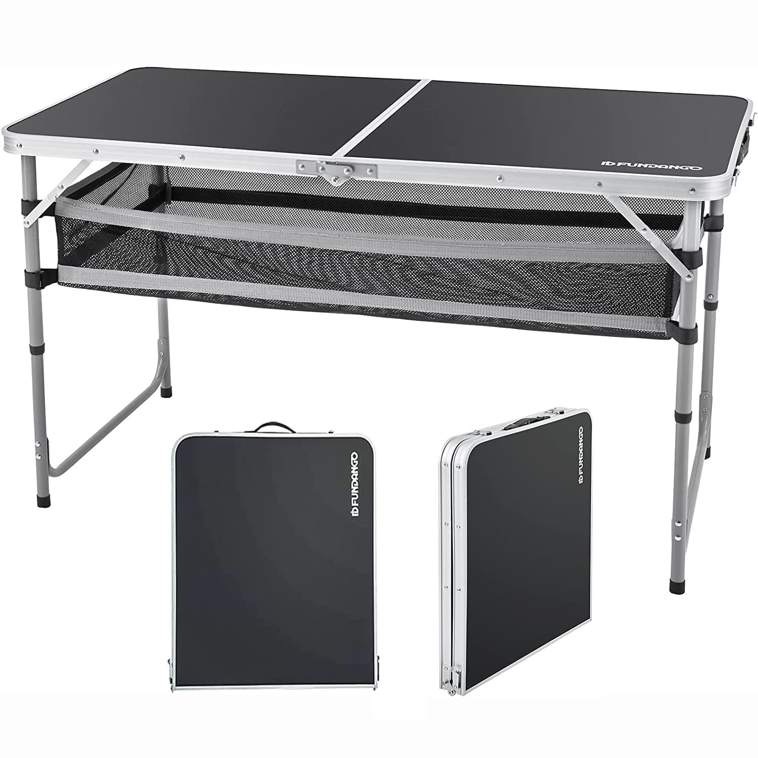 FUNDANGO 2.7ft Black Portable Folding Card Table with Adjustable Mesh Storage Bag Card Table for Camping, Travel, Outdoor Folding Card Table with Handle, 47.2"*23.6"*27.5", Black