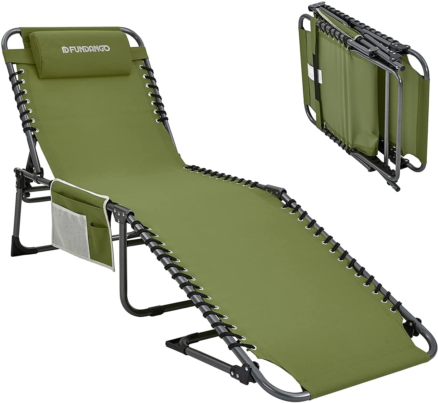 FUNDANGO Camping Chairs Outdoor Folding Chaise Lounge Chair Adjustable Reclining Chair with Pillow, Supports 265lbs, Green
