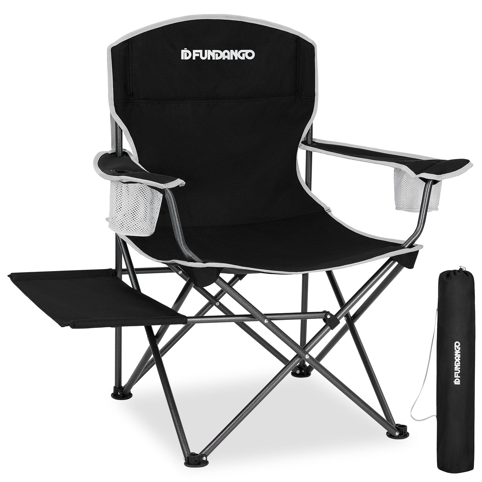 FUNDANGO Black Foldable Camp Lawn Chairs for Outside, Portable Folding Padded Chair for Park, Camping, Includes Side Table & Cup Holder, Support 300 lbs Capacity, Black, 1Pack