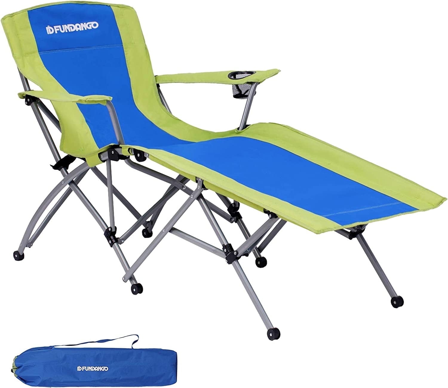 FUNDANGO Folding Lounge Chair with Footrest & Cup Holder, Reclining Design for Camping & Outdoor Use, Blue/Green