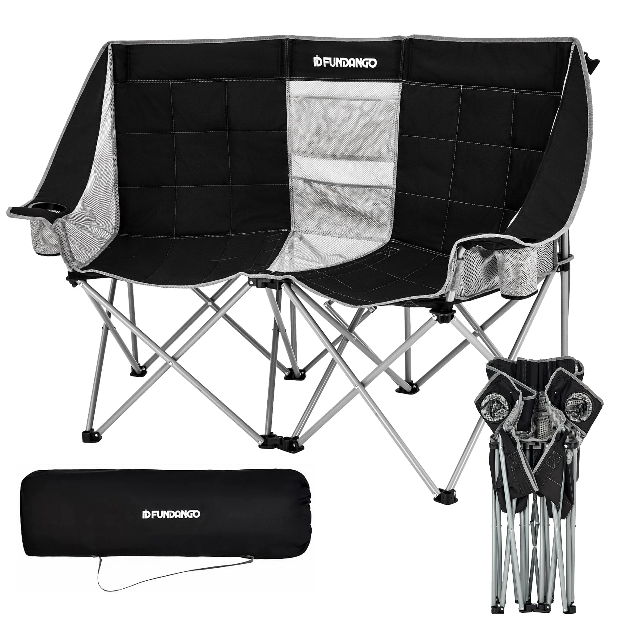 FUNDANGO Loveseat Camping Chair 2Person Portable Folding Outdoor Chair for Adults Oversized Camping Couch with Cup Holder, Support 400lbs, Black/Grey