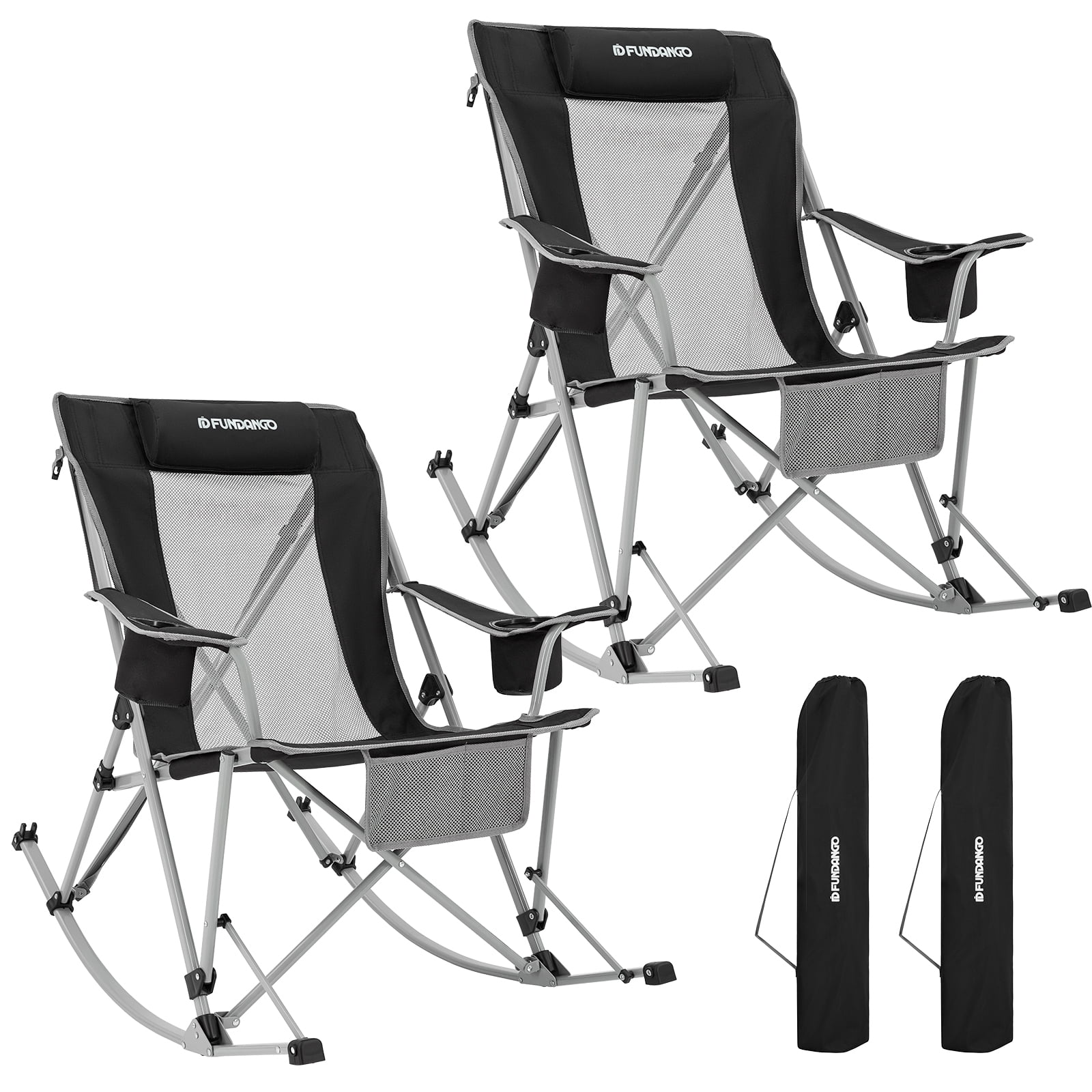 FUNDANGO 2-Pack Rocking Camping Chairs, Folding Swing Design with Headrest, High Weight Capacity (220lbs), Ideal for Adults, Black