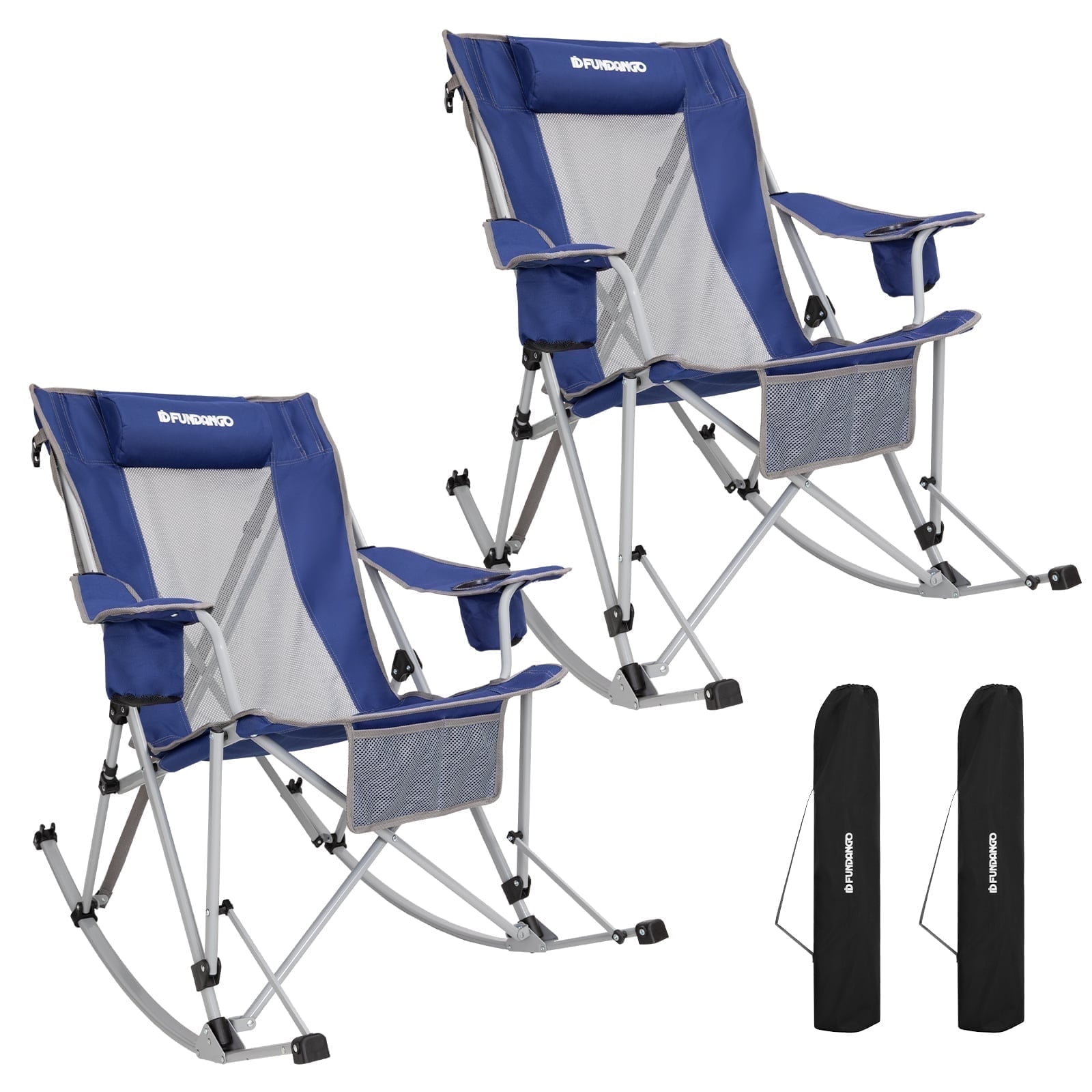 FUNDANGO 2-Pack Rocking Camping Chairs for Patio Swing Lounge, Folding Chair with Headrest, Perfect for Adults, Blue