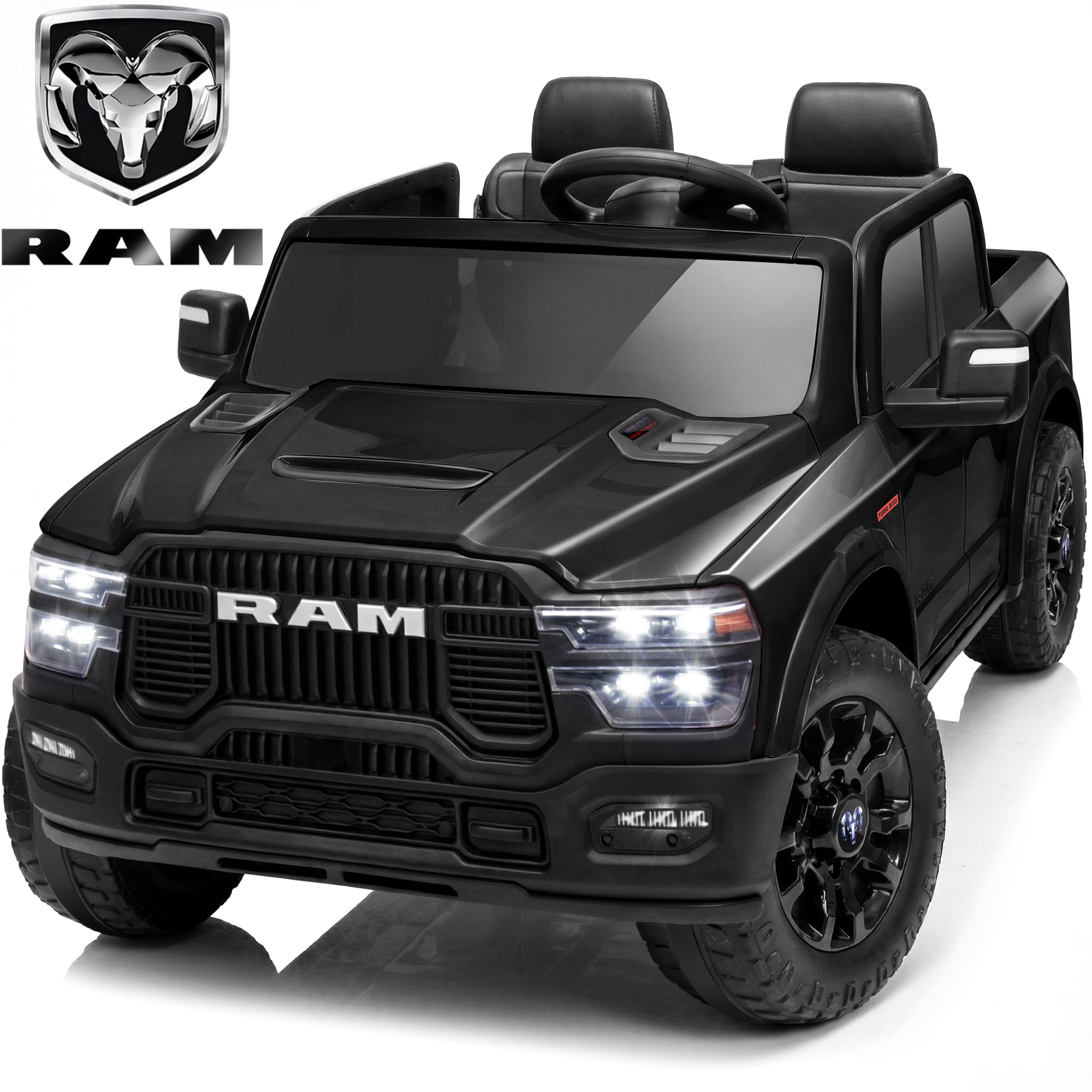 FUNTOK Licensed RAM 2500 24V 2 Seats Ride on Truck for Kids 3-8 w/ 20" Large Seat, 2 x 100W Motors, 24 Volt Ride on Toys w/ 3-Point Seat Belts/Remote Control/LED Light/Music/Back Storage, Black