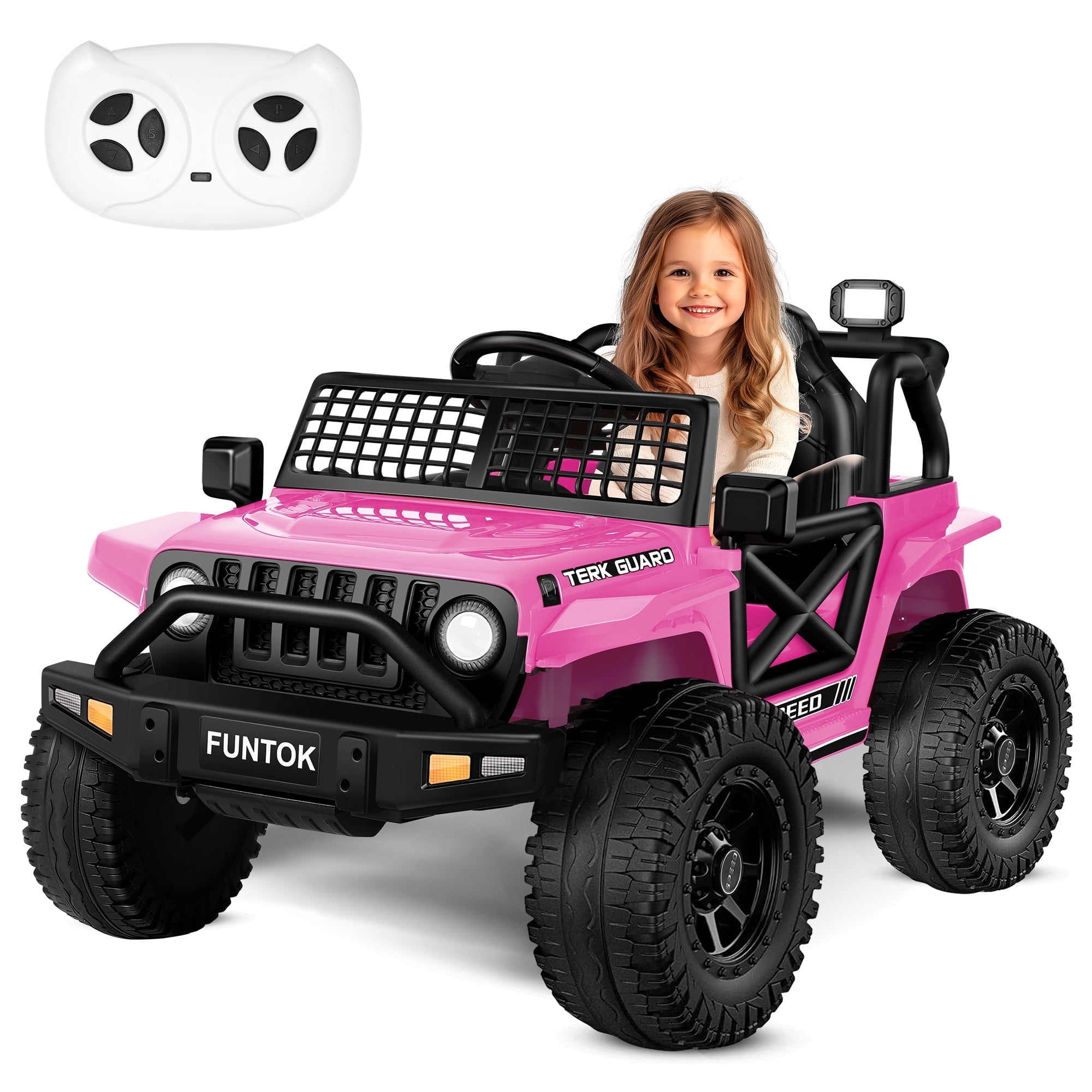 FUNTOK 12V 7AH Kids Ride on Toys, Electric Ride on Car Truck Battery Powered Vehicle w/ Parent Remote Control, Bluetooth, Spring Suspension, MP3 Player & LED Lights, 3 Speeds,Pink