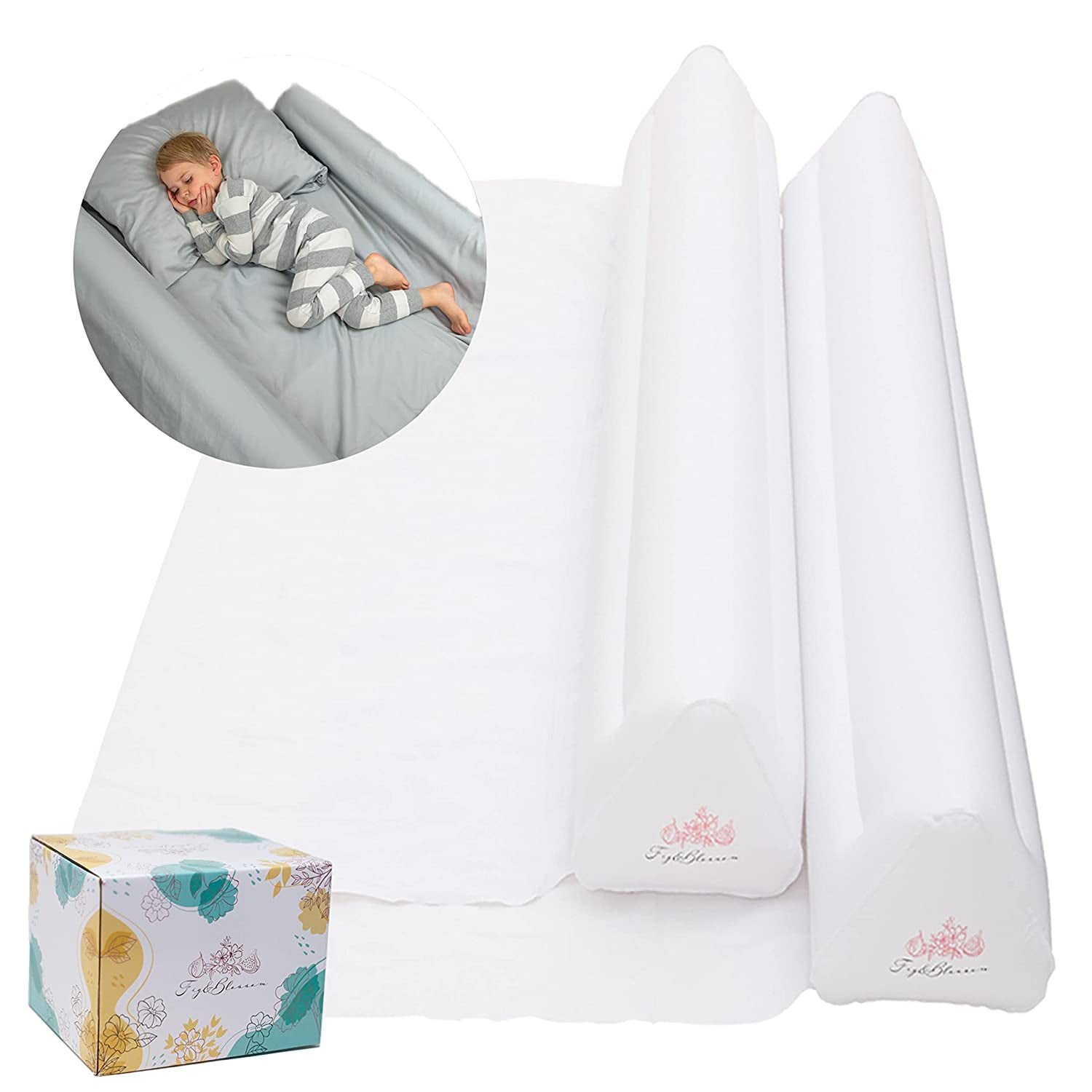 Fig and Blossom - 2-Pack Inflatable Bed Rail for Toddlers with Pump - Travel Bed Bumpers for Toddlers and kids - Blow-up Bed Bumper with Safety Flaps for King, Queen, Full, Twin, Toddler Size Beds