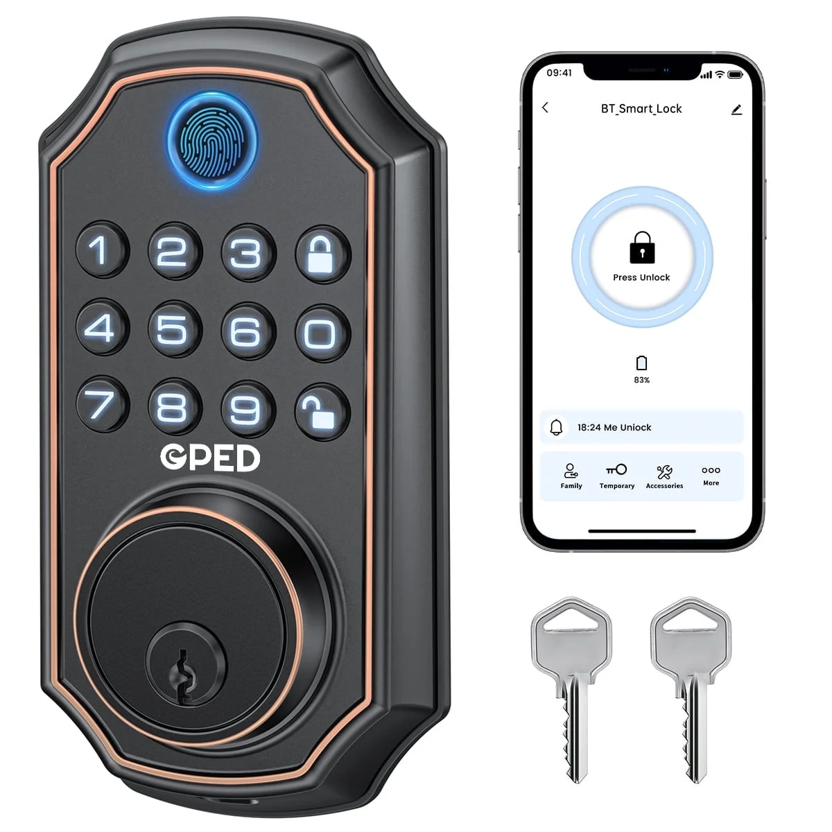 GPED Fingerprint Door Lock, Keyless Entry Door Lock with APP Control, Smart Locks for Front Door, Deadbolt Lock with 50 User, Auto Lock, IP 66 Waterproof, Easy Installation