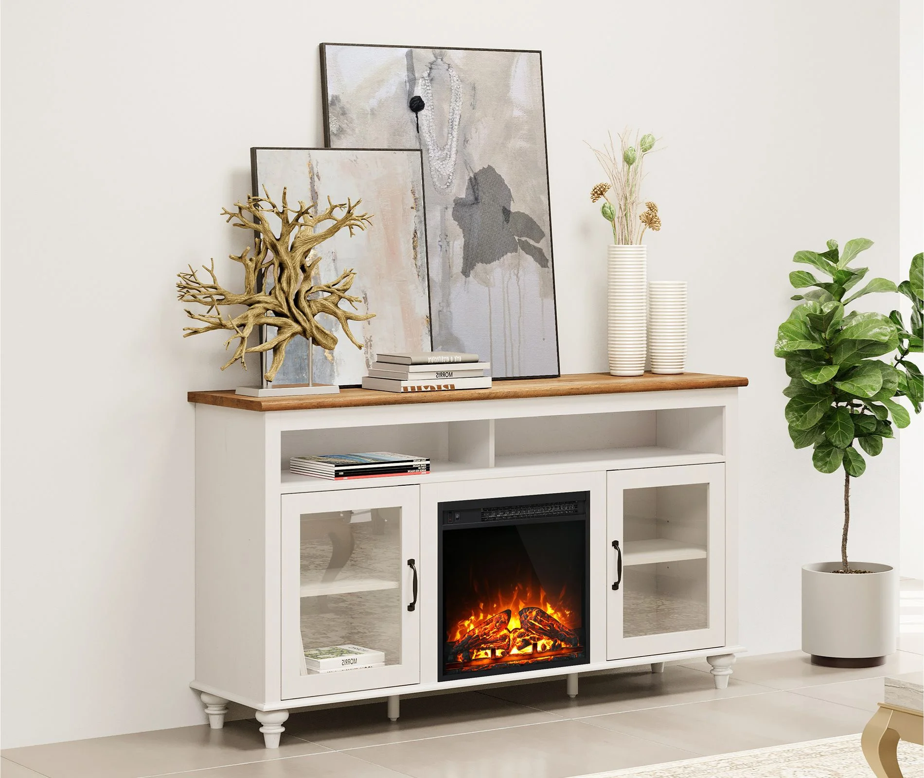 58-Inch White Highboy TV Stand with Electric Fireplace, Farmhouse Style Entertainment Center with Glass Door and Storage Console