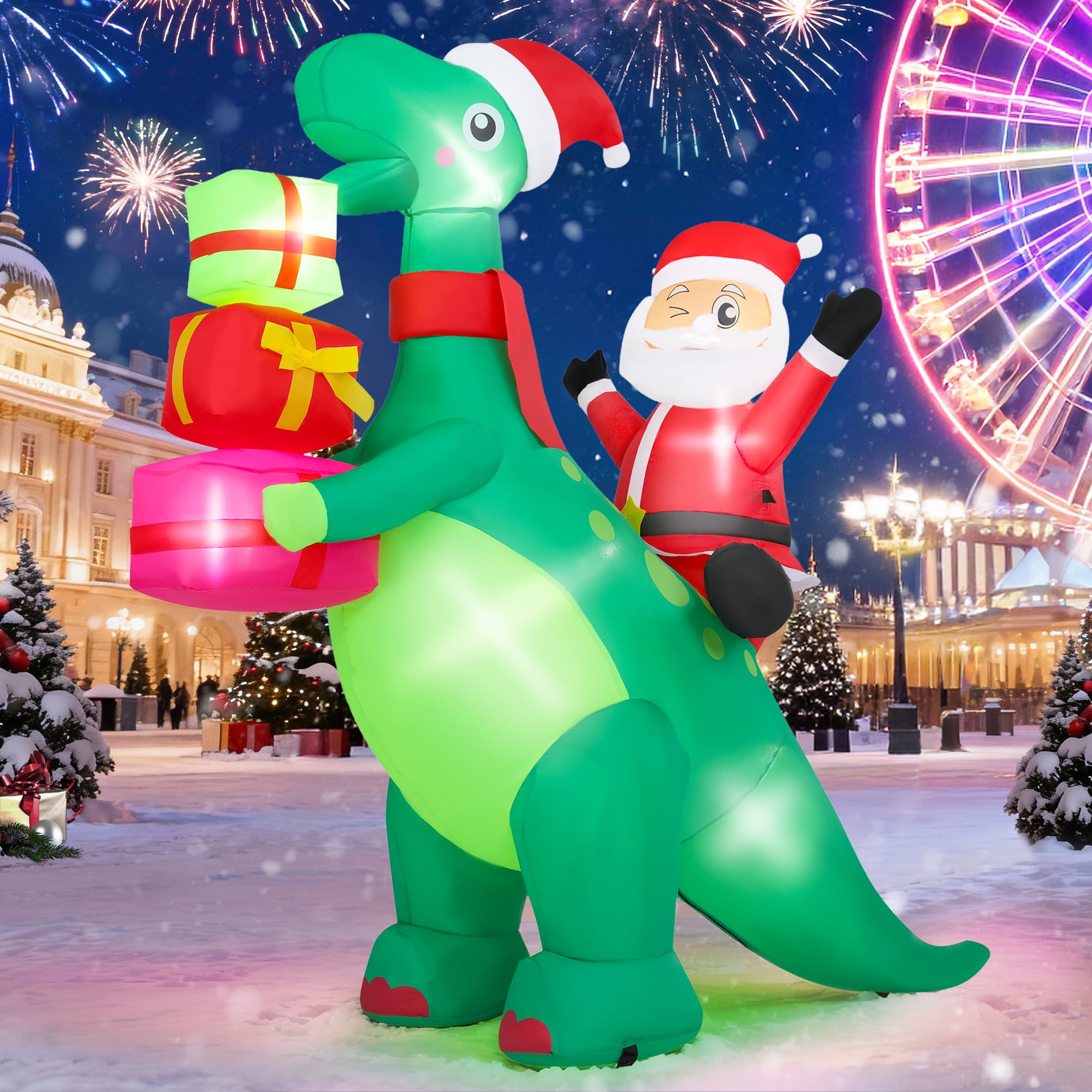 Firstness 5ft Christmas Inflatables Outdoor Decoration with LED Lights, Christmas Blow ups Santa Claus Dinosaur Xmas Decor for Party Yard Garden Lawn