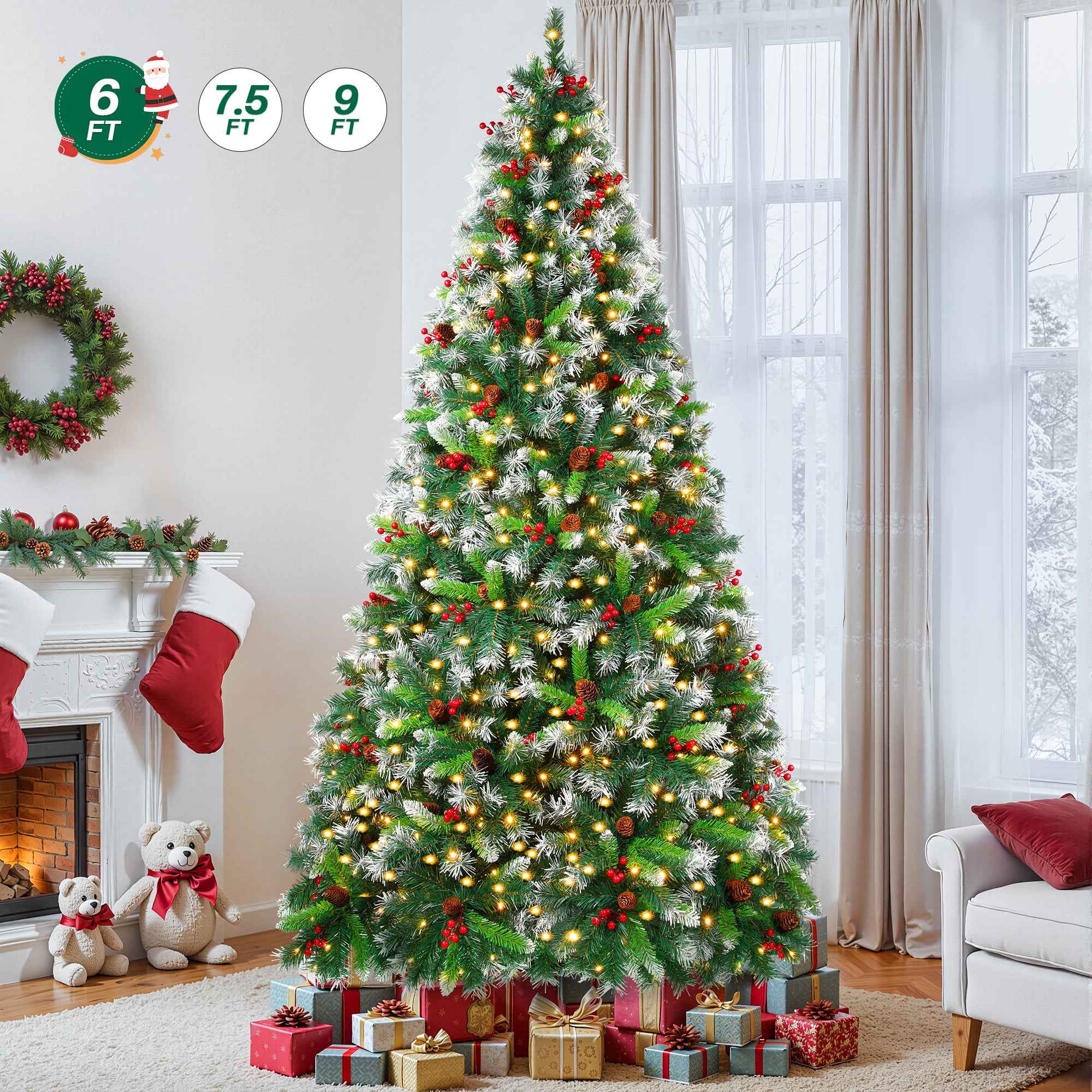 Firstness 6ft Pre-Lit Artificial Christmas Tree,Green Xmas Tree with 1000 Branch Tips 300 LED Lights,Pine Cones + Red Berries