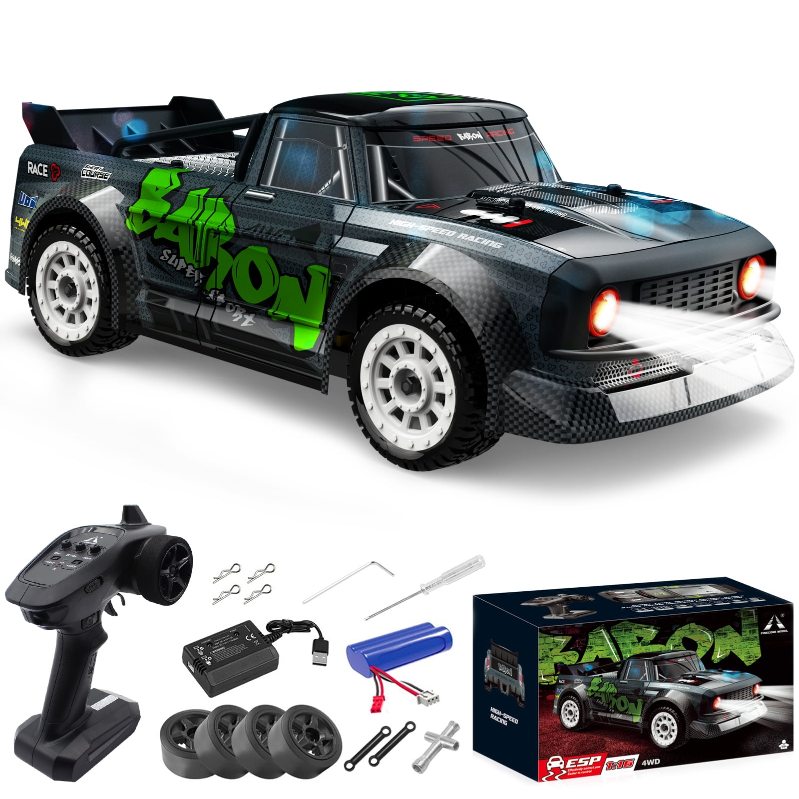 Fisca 1/16 4WD Remote Control Drift Car, 35+ Km/h High Speed Fast RC Racing Off Road Truck Toys with 2 Sets Tires and Cool Lights