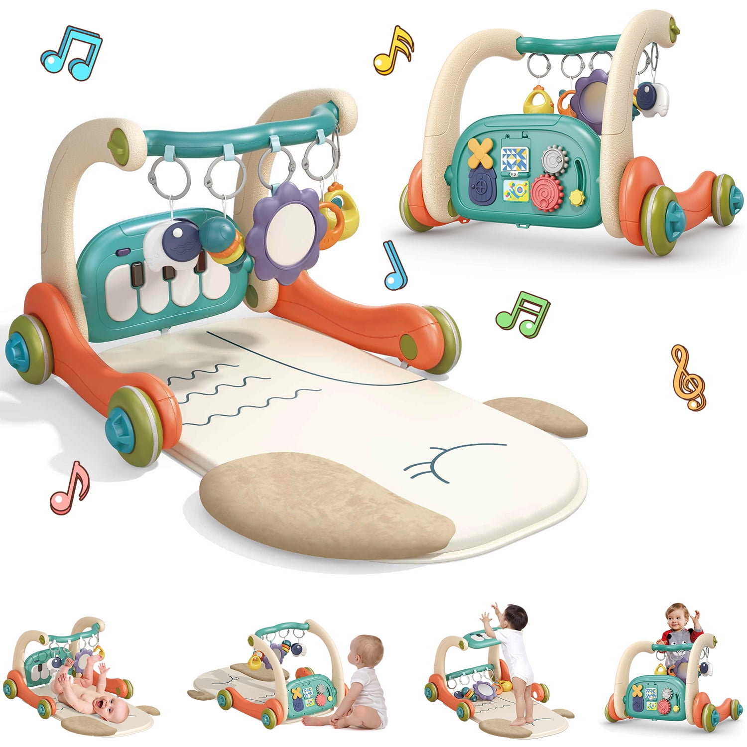Fisca 3 in 1 Baby Gym Play Mat, Baby Activity Play Mat with Play Piano, Baby Play Gym with 5 Learning Sensory, Baby Learning Walkers & Tummy Time Mat for for 0-24 Months Infant