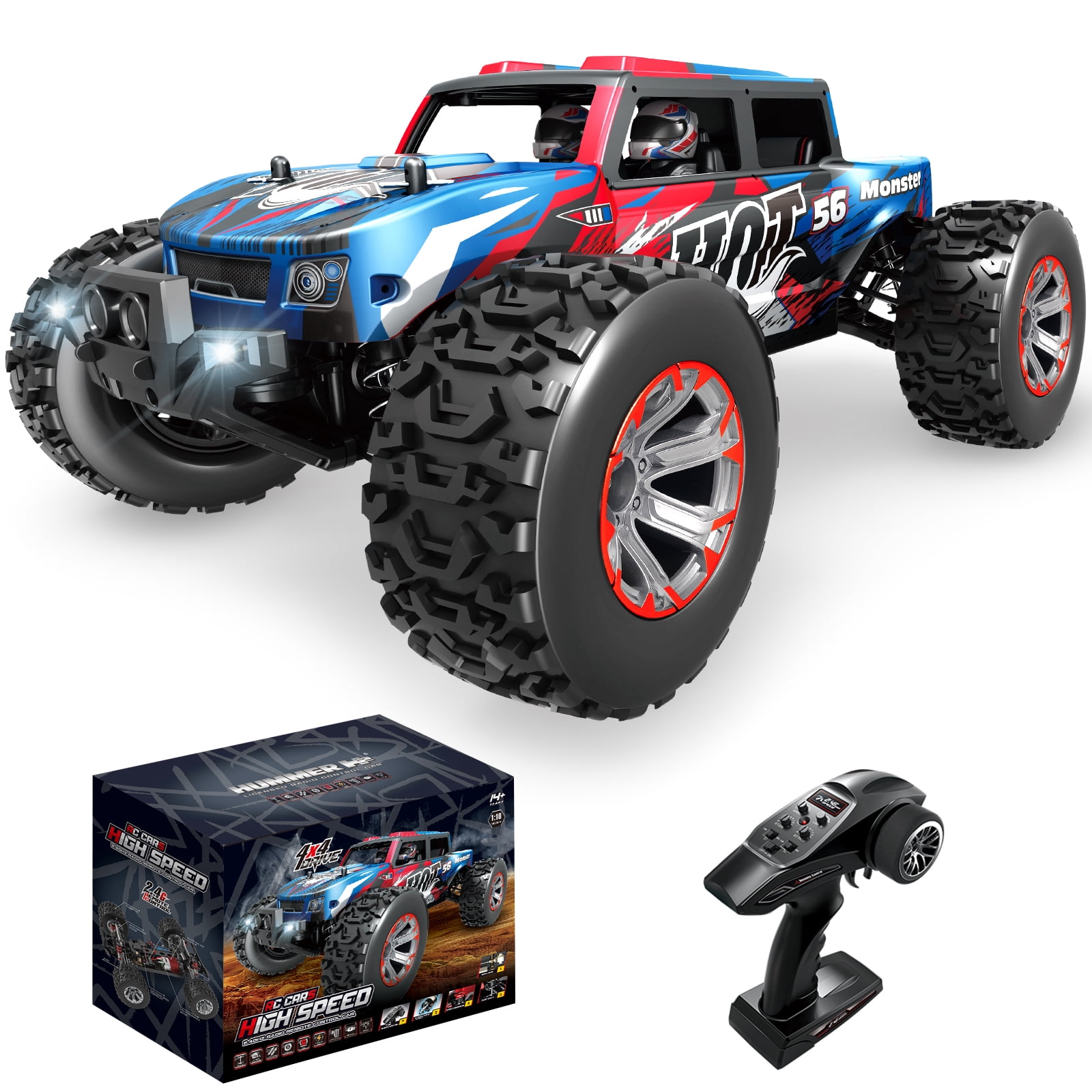 Fistone 1/10 Remote Control Monster Cars Toys for Adults Kids, 60 km/H High Speed off Road Trucks with Cool Lights
