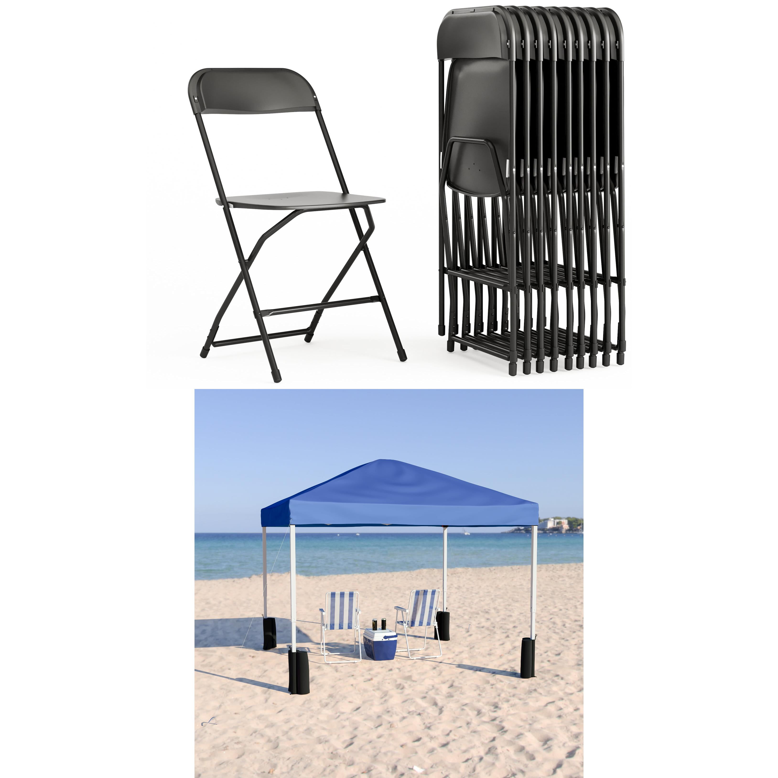 Flash Furniture Hercules Series Black Plastic Folding Chair, Set of 10, with 10' x 10' Blue Pop Up Canopy Tent