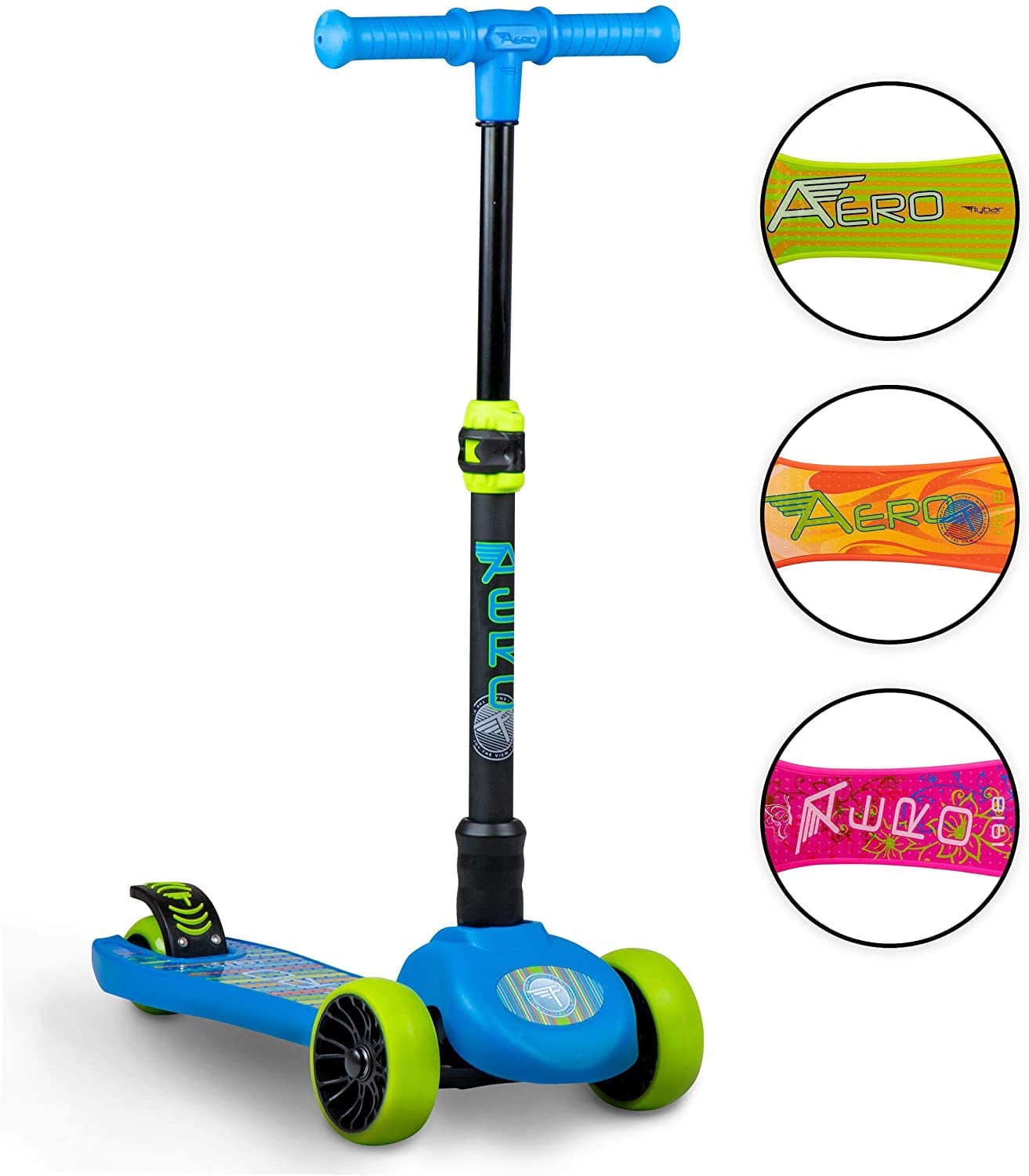 Flybar Aero 3 Wheel LED Kick Scooter for Boys and Girls, Ages 3+, Adjustable Handles, Blue
